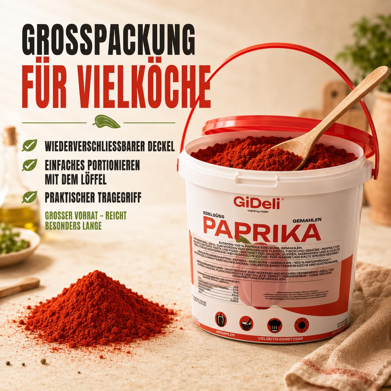 GiDeli Paprika Edelsüß Gemahlen 10kg im Eimer - 100% Paprika ohne Zusätze - Vegan & Glutenfrei - Spanisches Paprikapulver & Pimentón - Mildes Aroma - Rotes Gewürzpulver - Ideal für Gulasch & Pasta