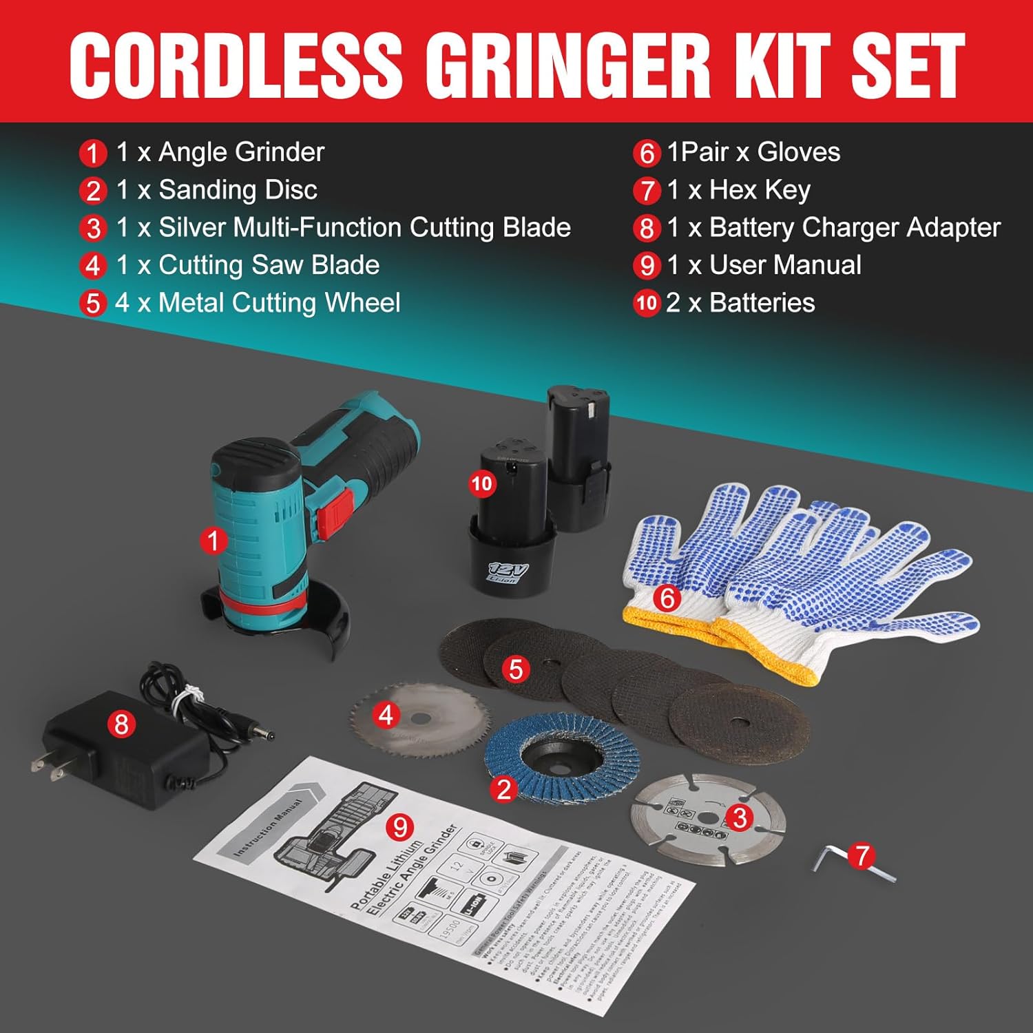 Cordless Angle Grinder, 12V Mini Angle Grinder Tool with 2x 1100mAh Batteries and 7 Cutting Discs, 19000RPM Handheld Cutter for Metal and Wood Grinding, Sanding, Rust Removal