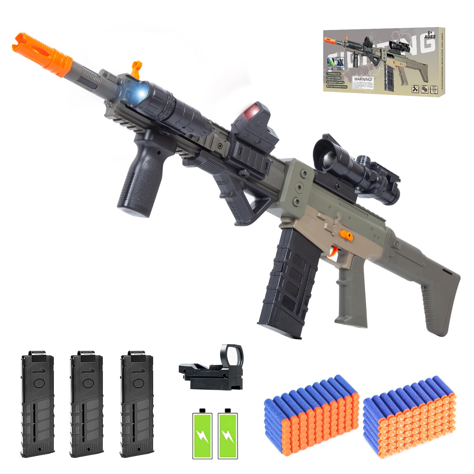 Realistic Sniper Rifle Toy Guns for Nerf Guns Bullets, Electric Foam Blaster Toy Set with Scope, 120 Soft Darts and 3 Magazines, Kids Semi Automatic Machine Toy Gun for Boys 8-12 Old