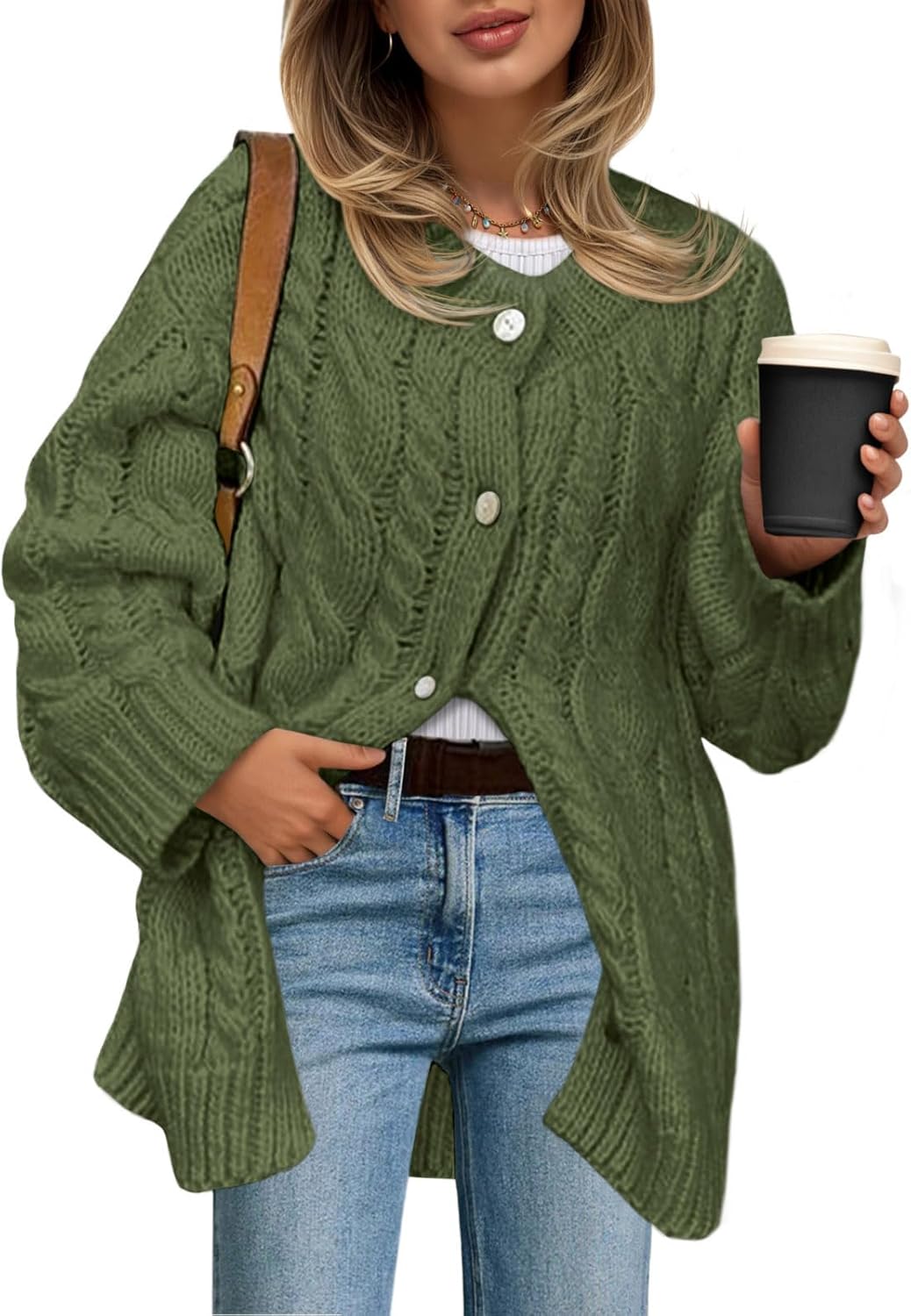 Saodimallsu Womens Cable Knit Cardigan Sweaters Chunky Button Up Long Sleeve Crew Neck Warm Loose Sweater Dress