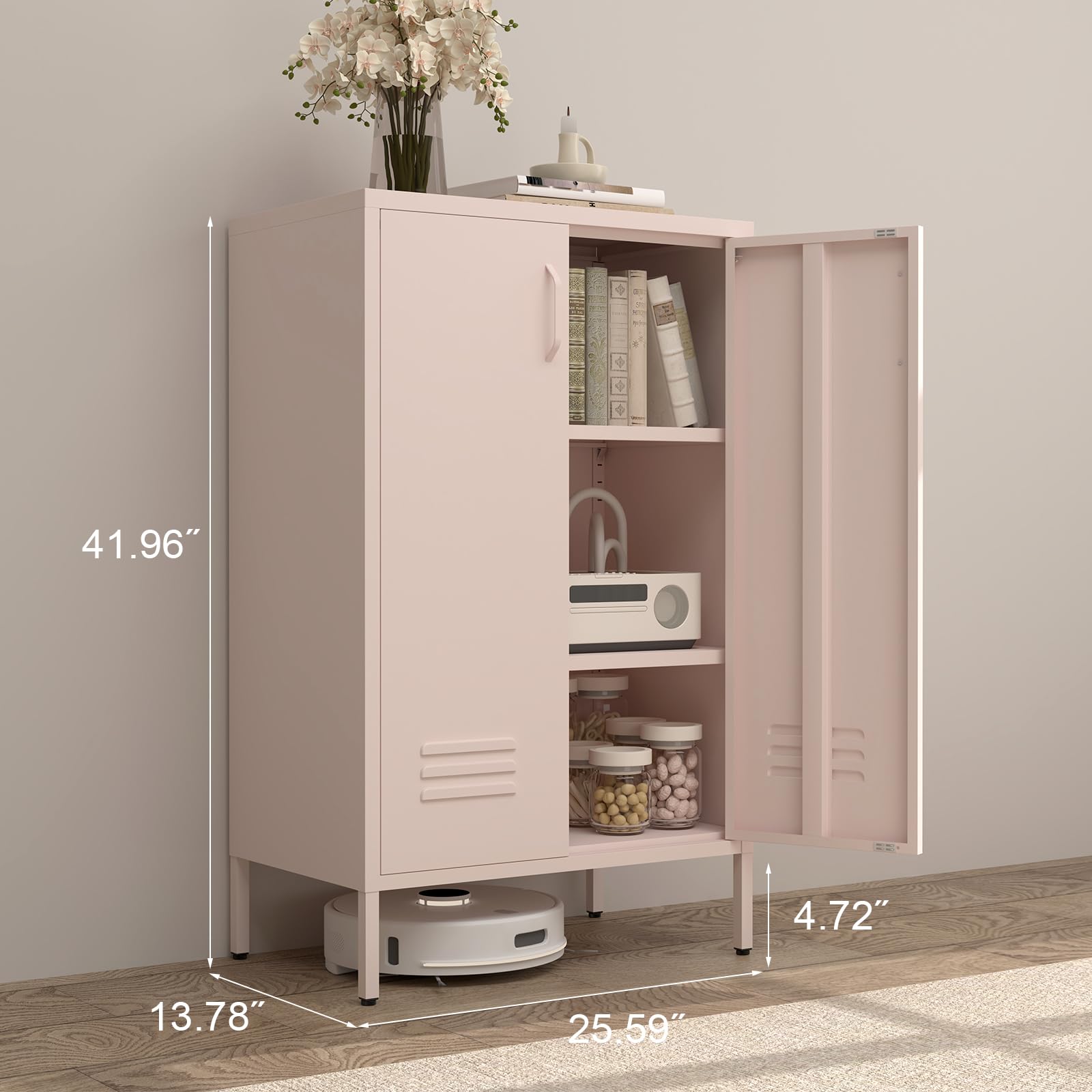 GREATMEET Metall-Lagerungsschrank, Lagerungsschrank mit rosa Akzenten, metallene Speisekammer-Schränke mit Türen, Lagerungsschrank für Wohnzimmer, Küche, Büro