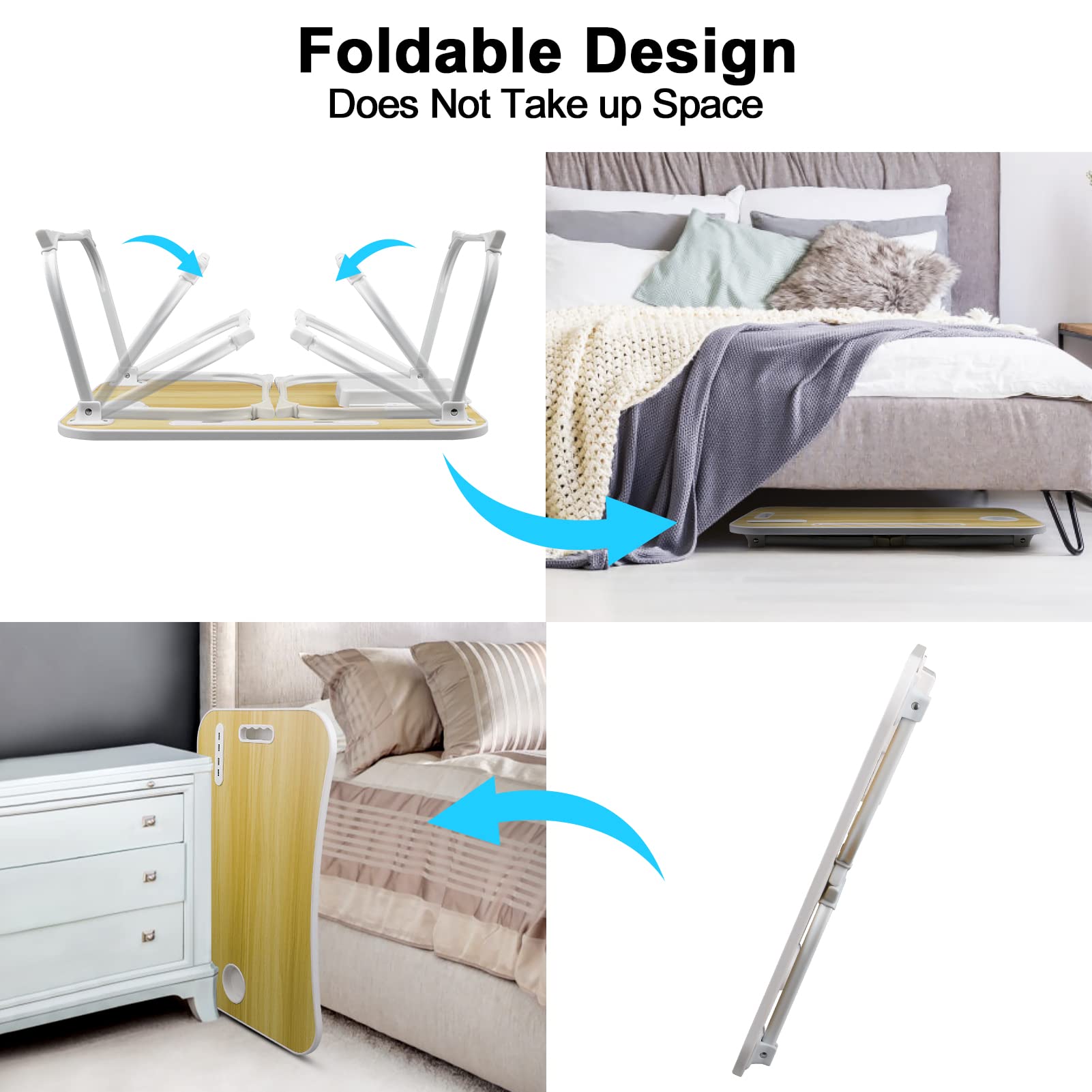 Tavolino da Letto, Tavolo Pieghevole con 4-USB, Cassetto, Porta Tablet, Porta Bicchieri, Maniglia di trasporto, Adatto per Letto, Divano, Pavimento(60x40cm, Legno)