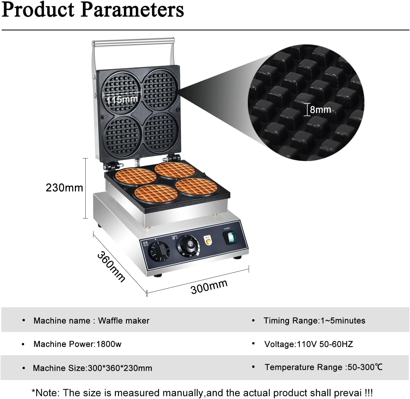 Commercial Round Waffle Maker 4pcs Nonstick Electric Waffle Maker Machine Stainless Steel Nonstick Double Side Belgian Waffle Maker for Bakery, Restaurant, Snack Bar, Home