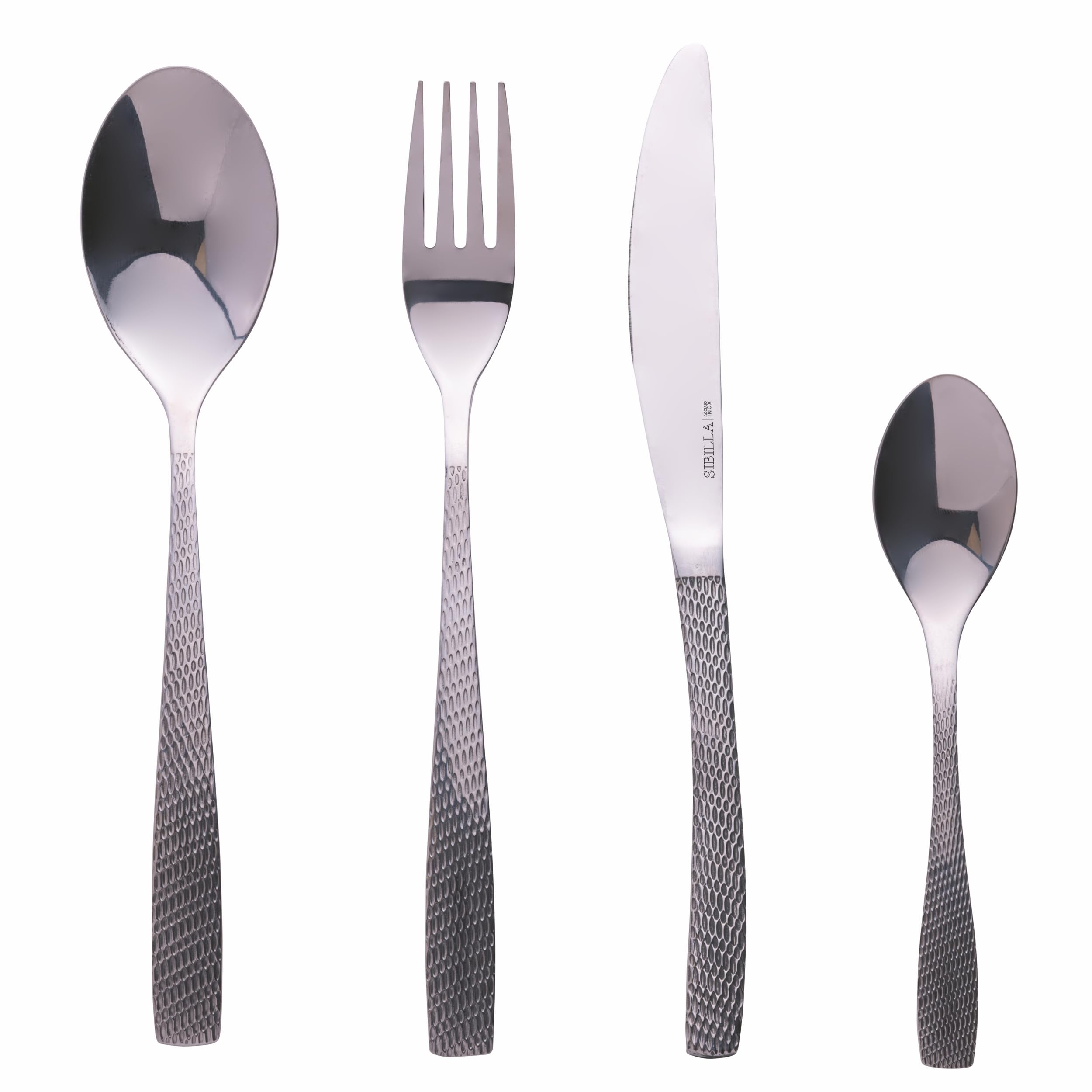 GALILEO Set 24 posate in acciaio inox silver lucido, impugnatura martellata, Harlem Sibilla