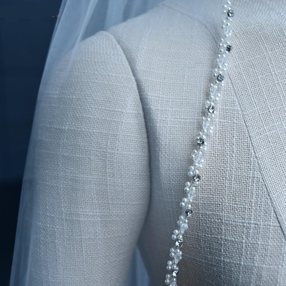 Schleier Braut,Brautschleier Perlen mit Strasssteinen Brautschleier Kristallrand Hochzeitsschleier for weiße weiche Hochzeitsaccessoires(300cm)