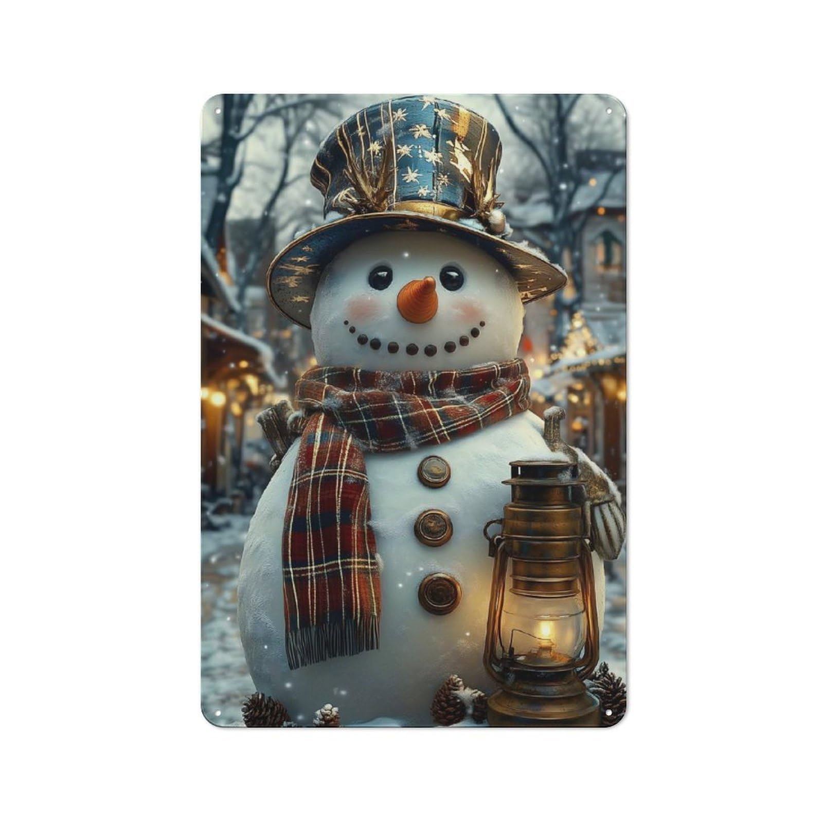 Junmoney Charming Snowman With Lantern Metal Plaque 30X20cm With For Hallway Wall, Retro Decor, For Themed Interiors In Hallways And Entrance Areas
