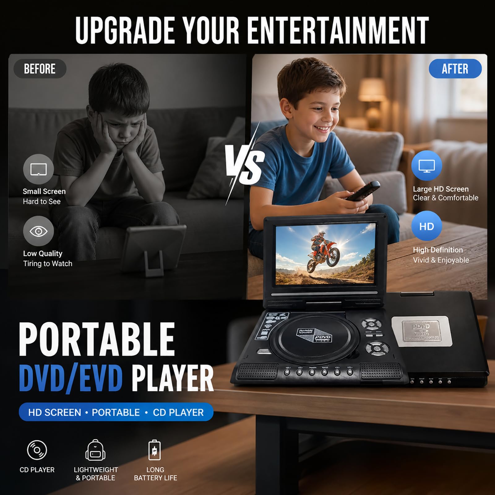 Lettore DVD/EVD Portatile HD Da 7,8" (1pcs) | Ampio Schermo, Ricaricabile E Compatibile Con DVD/CD/USB/Sd, Perfetto per Casa E Viaggi