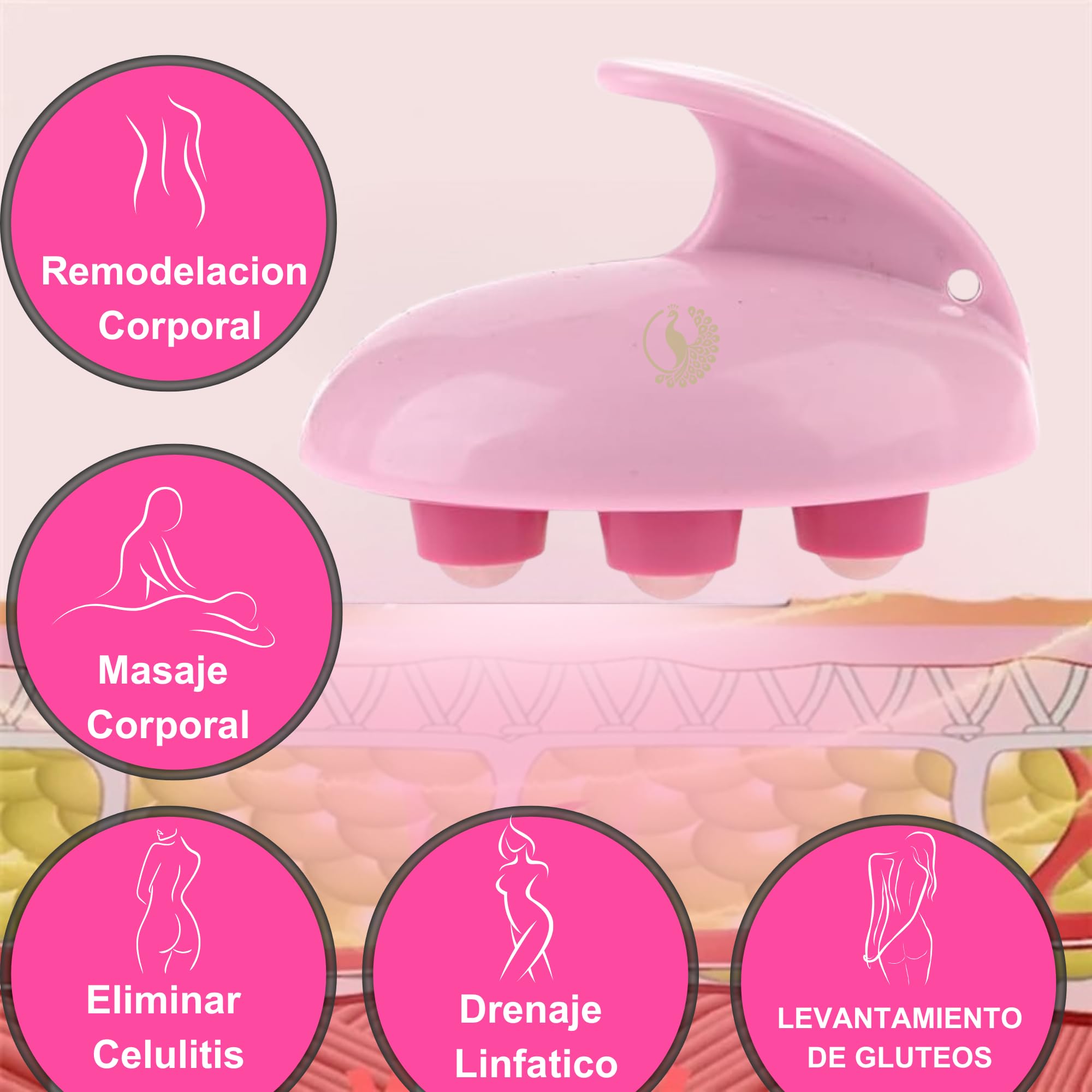 Masażer antycellulitowy 2 szt. Ręczny z 7 wałkami ze stali nierdzewnej 360° Nogami, pośladkami uda, brzuch, ramiona, wałek do masażu ciała do nakładania kremy ujędrniające, antycellulitowe RÓŻOWE