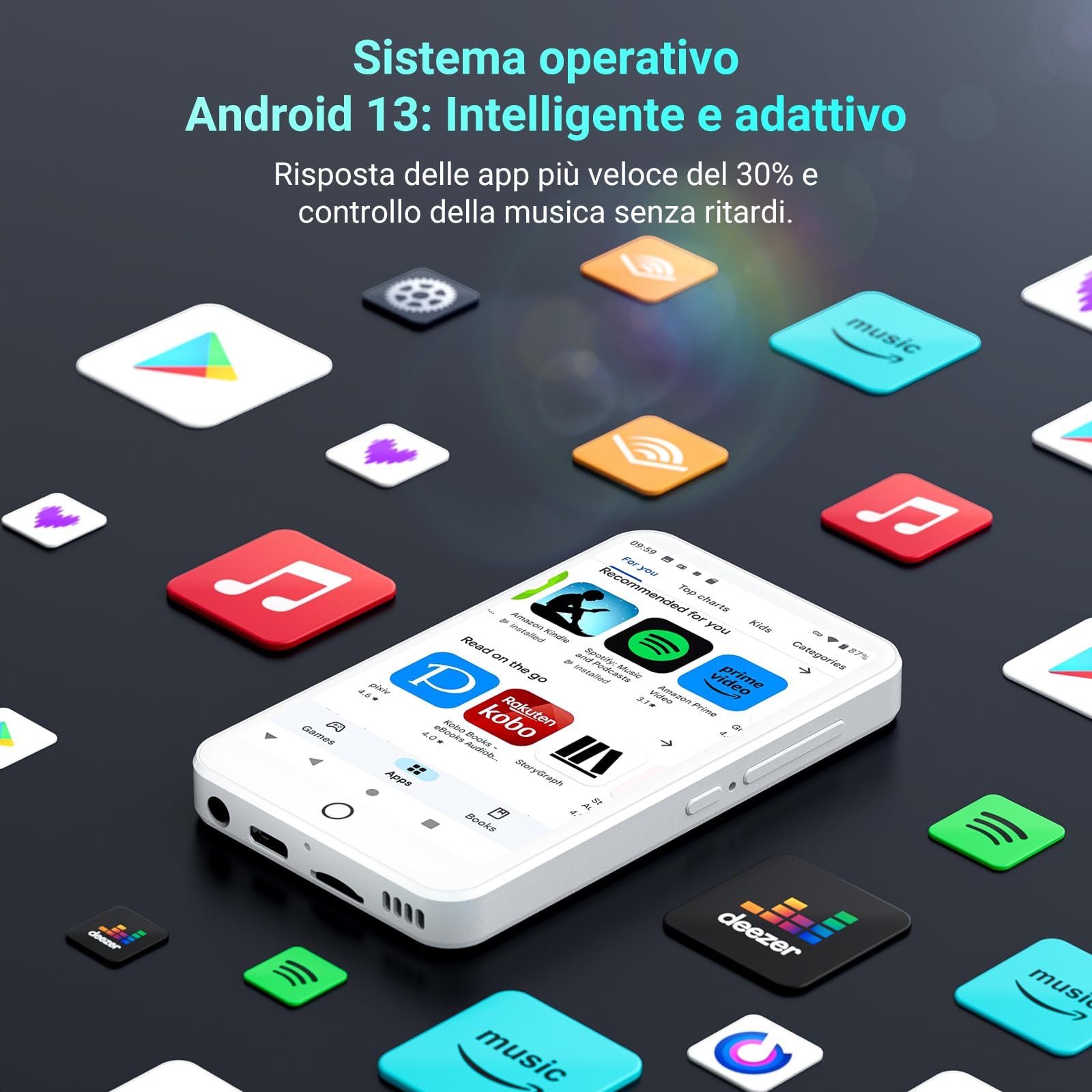 Lettore MP3 con Bluetooth e WiFi, Lettore MP3/MP4 Android 13 con Schermo Touch da 4" e Altoparlante, 3GB RAM e 32GB ROM, Lettore Musicale Spotify con Audible e Play Store