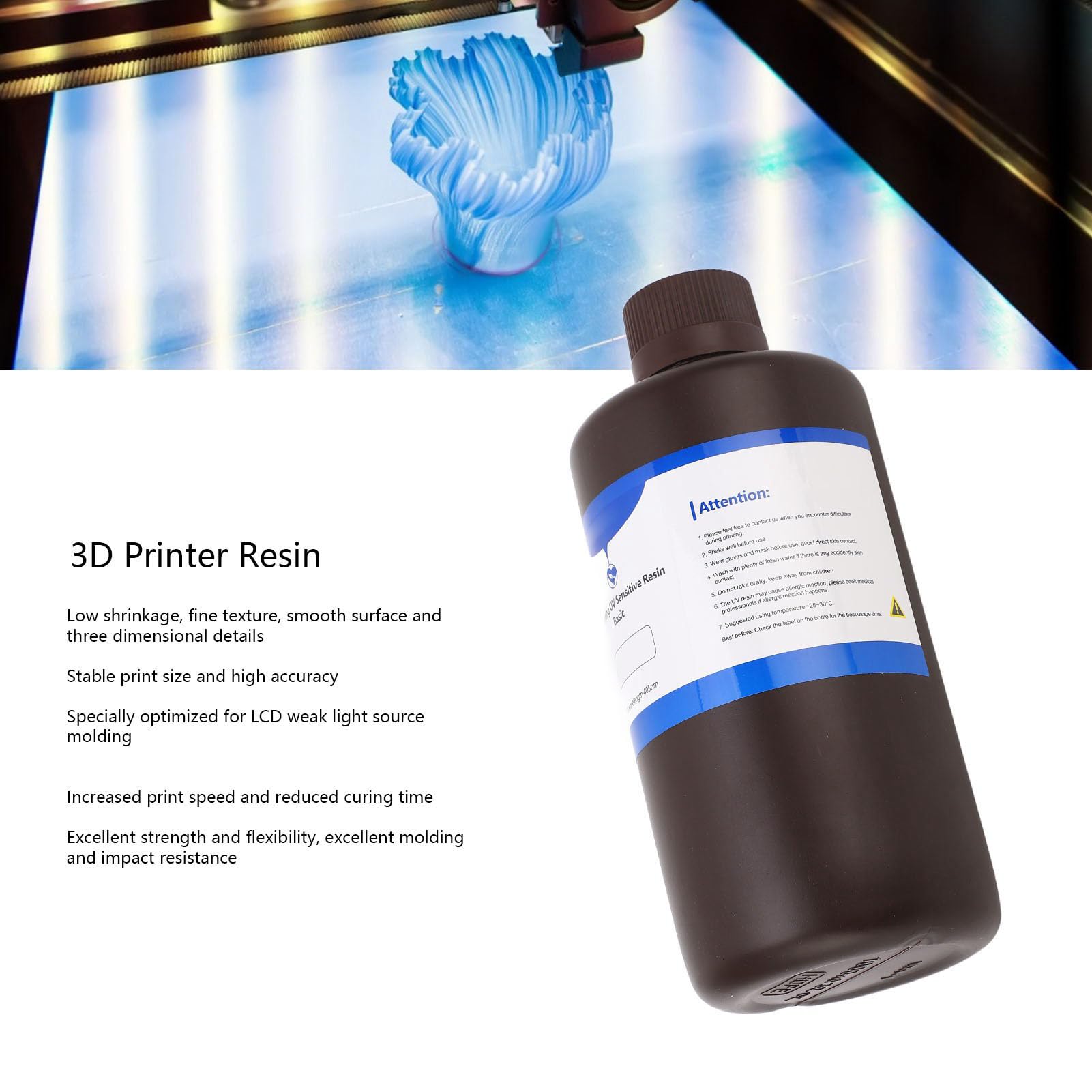 Alvinlite Resina para Impresora 3D Resina De Curado Rápido De Alta Tenacidad Fotopolímero para Impresora 3D Resina De Curado UV para Impresión LCD 3D 405 NM 2.2 LB Resina De Fotopolímero 3D(Negro)