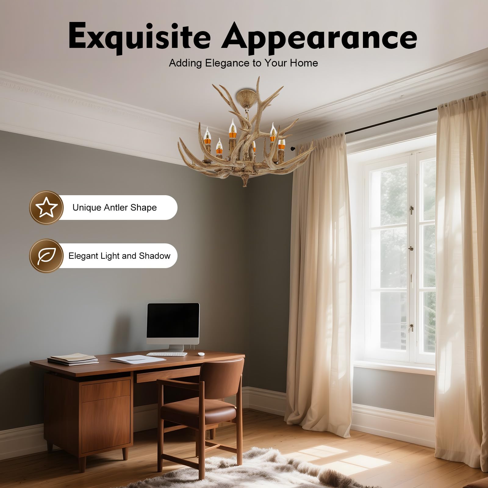 Geweih Lampe, 6 Lichter Deckenlampe Bauernhaus Pendelleuchte, Kronleuchter für Wohnzimmer Küche Esszimmer, Durchdachtes Design