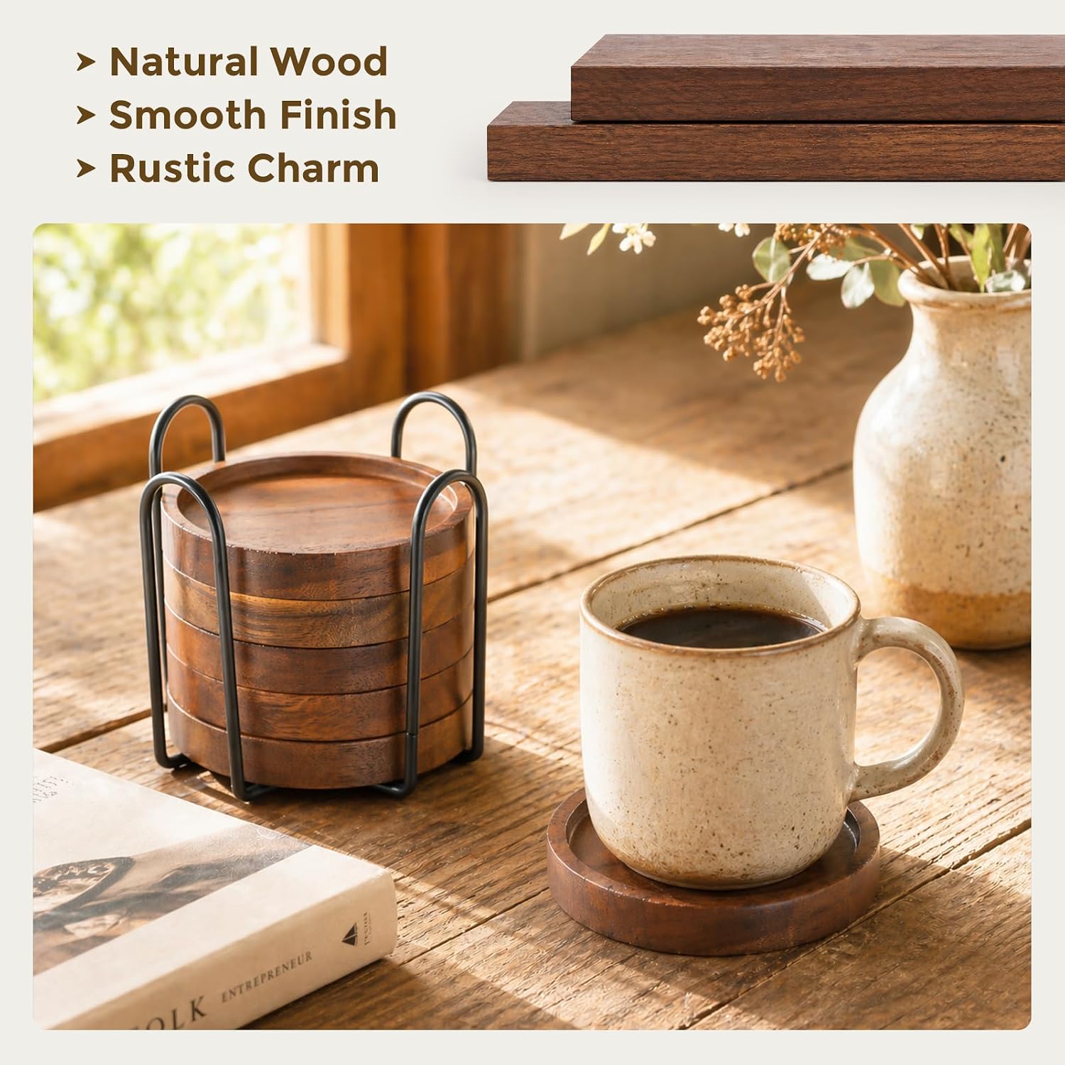 Cloudray Wood Drink Coasters Set of 5 with Holder, 4 Inch Coasters for Coffee Table Decor, Kitchen & Bar Accessories, Home Dining Room Table Protection, Laser Engraving Blanks, House Warming Gifts