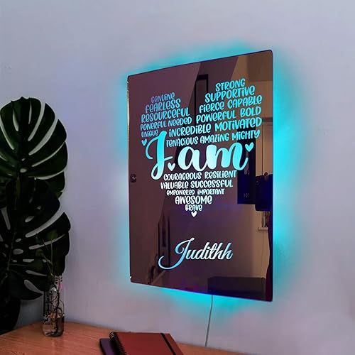 Miniatura 3 de Espejo de afirmaciones positivas fuertes con nombre personalizado "I AM Strong Positive Affirmations Mirror con luces LED, espejo de pared