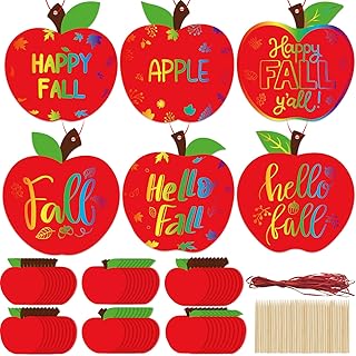 Qyeahkj 60 Sets Fall Red Apple Crafts Rainbow Magic Scratch Paper Craft with Wooden Stick Apple Scratch Art Kit for Fall Party Decor Autumn DIY Projects Room Activities