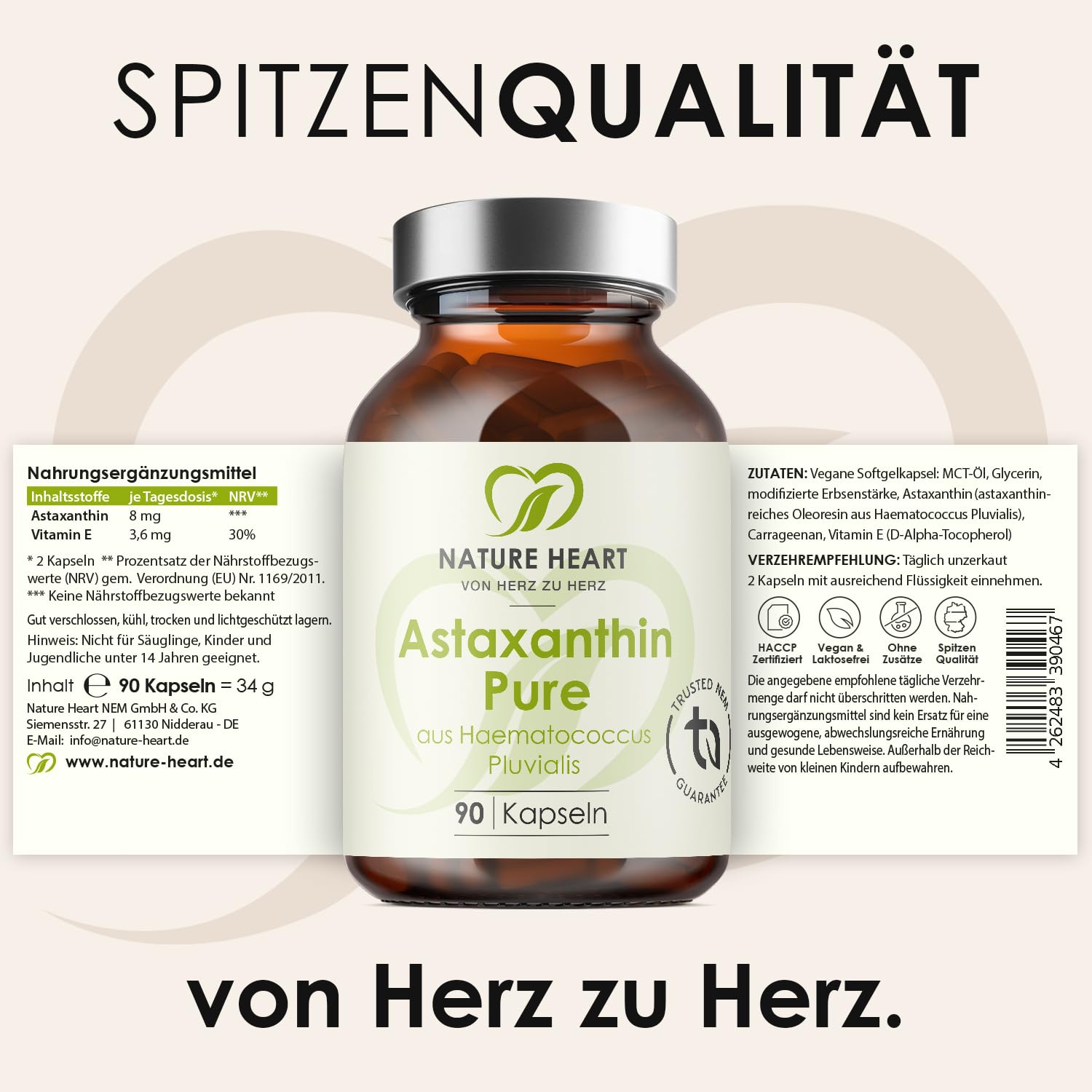 Nature Heart Astaxanthin Pure 90 Kapseln – Aus Haematococcus Pluvialis – Mit Vitamin E – Vegan – In Kokosöl – Hochrein & ohne Zusatzstoffe