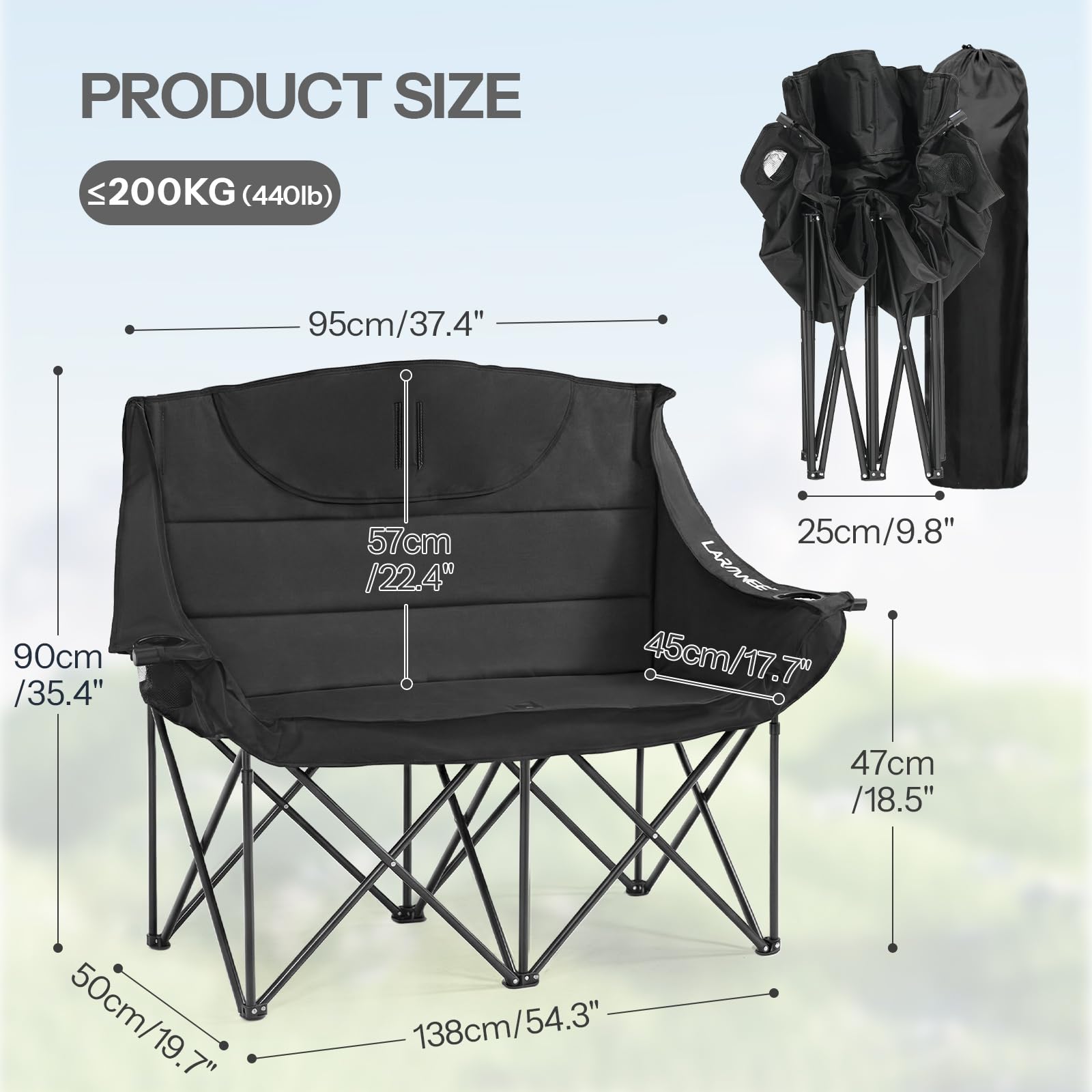 LARMNEE Campingstuhl Faltbar für 2 Personen, Campingsofa, 2 Getränkehalter, 200 KG Belastbar, Campingcouch Dick Gepolstert Klappstuhl, inklusive Tragetasche, Schwarz EBK03LC02