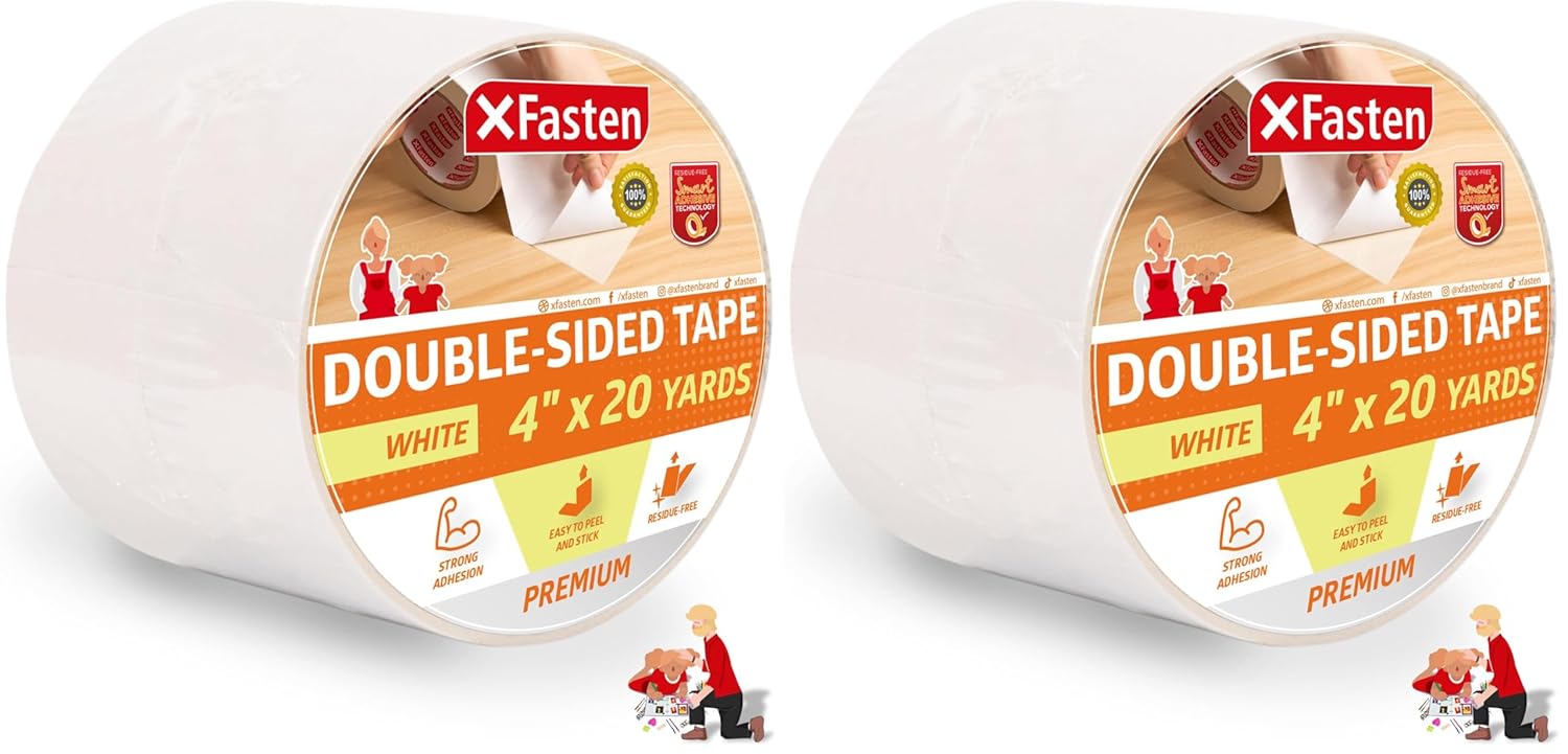 XFasten Double Sided Sticky Tape, Removable, 4-Inches x 20-Yards, Single Roll Ideal as a Anti-Scratch Cat Training Tape, Holding Carpets, and Woodworking (Pack of 2)