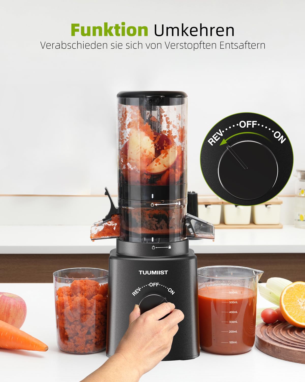 TUUMIIST Entsafter Slow Juicer mit 120 MM kleinem Einfüllschacht, Entsafter Gemüse und Obst Testsieger - Kompakter Saftpresse für den Persönlich, Leicht zu Reinigen, Hohe Saftausbeute