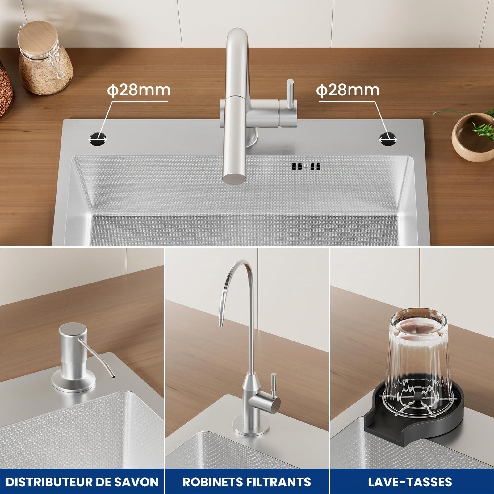 CECIPA Evier Cuisine 1 Bac 60x49CM, Lavabo Cuisine Inox Trous Pour Robinets Et Distributeur De Savon Et Panier TéLescopique, Convient Aux Armoires De Plus De 60CM