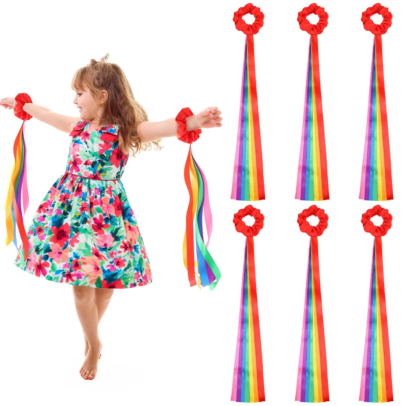 6 Pcs Rainbow Dance Ribbon Rhythm Ribbon for Kid, 0.8 x 19.7'', Red