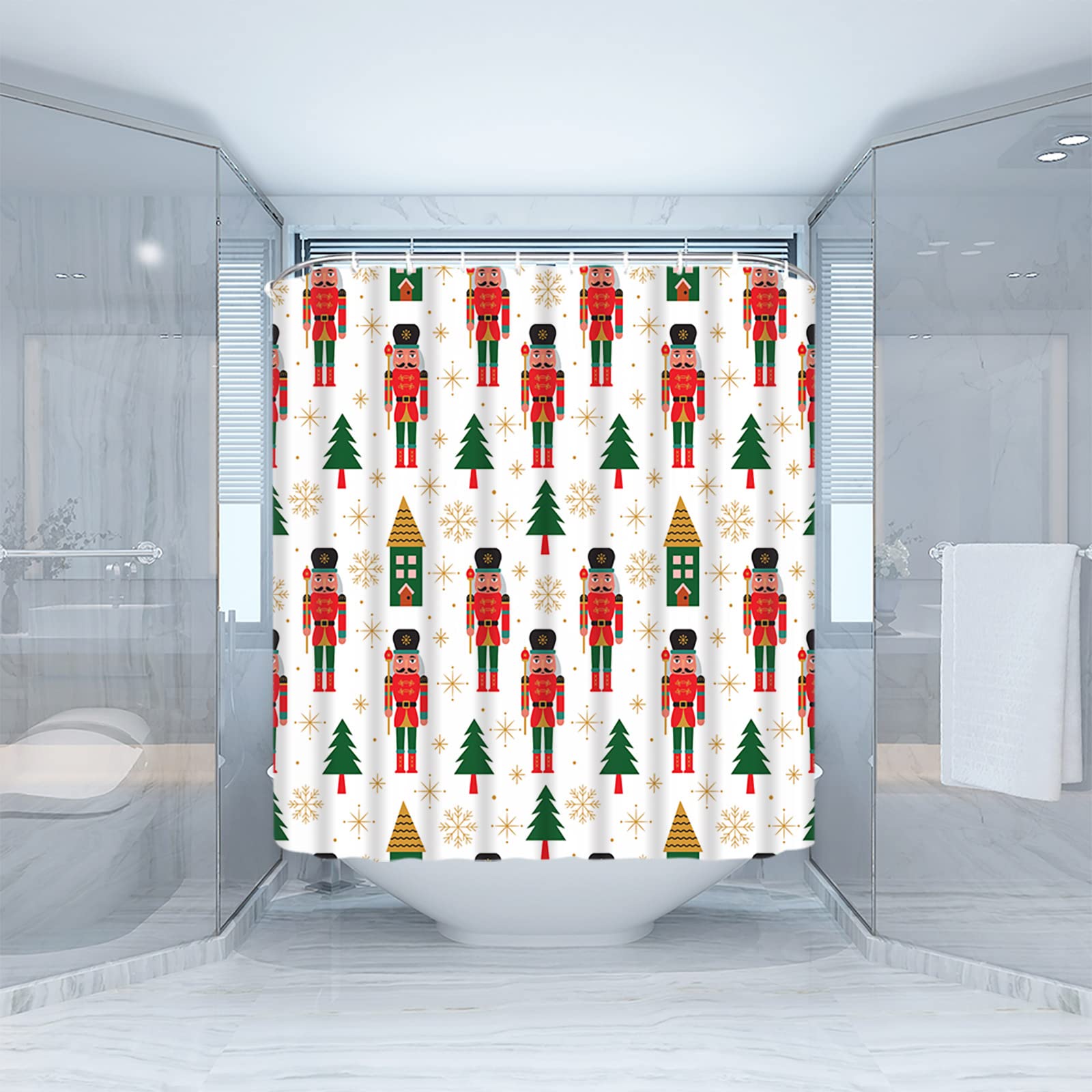 Merry Christmas Shower Curtain Cartoon Xmas Gift Green Christmas Tree Snowflake Cute Kids Winter Holiday Seasonal Festival Fabric Bathroom Decor Curtain with Hooks