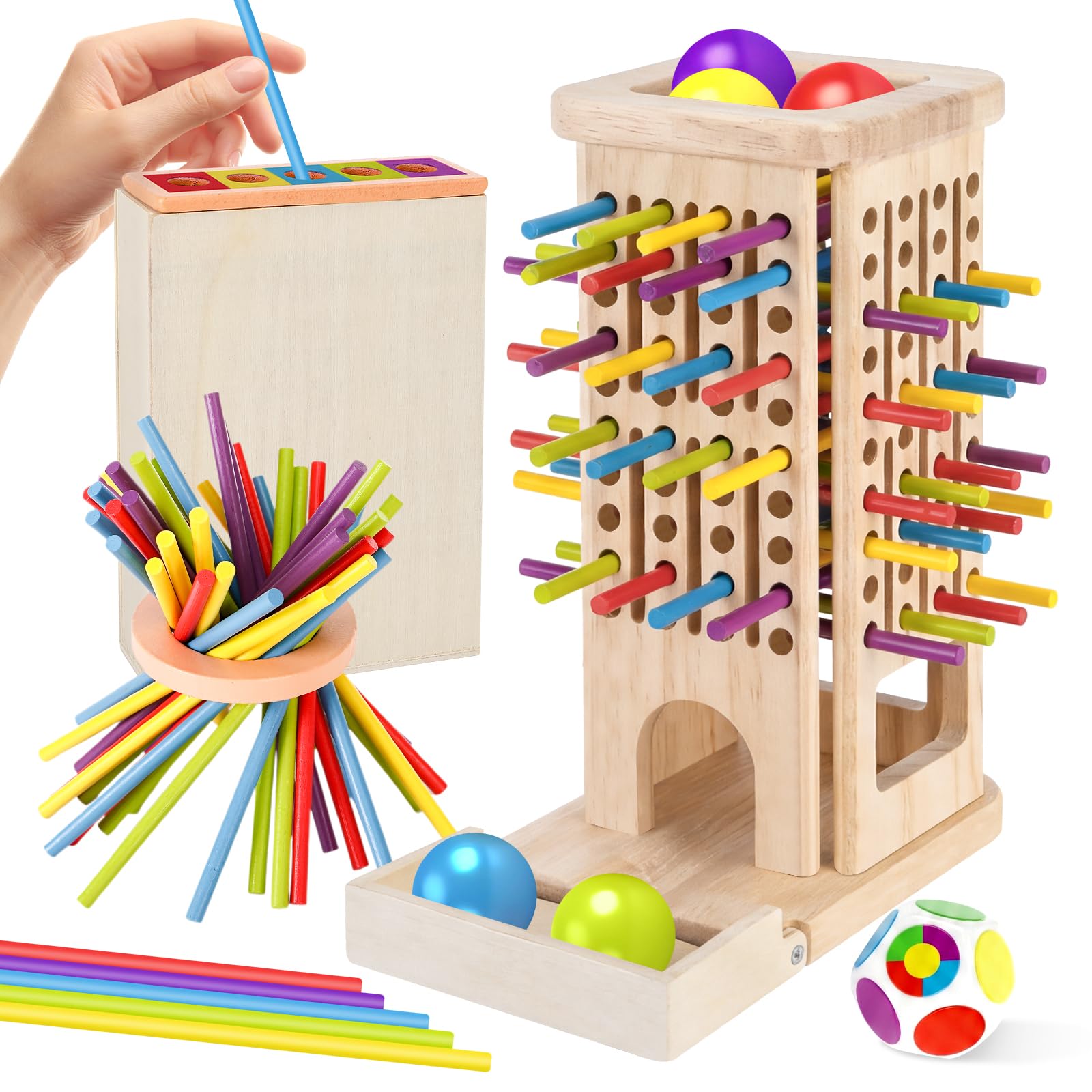 Montessori Table Game for Kids 3 4 5 6 Years Old Wooden Tower with 40 Colored Sticks, Dice and Balls, Children's Educational Toy for Fine Motor Skills