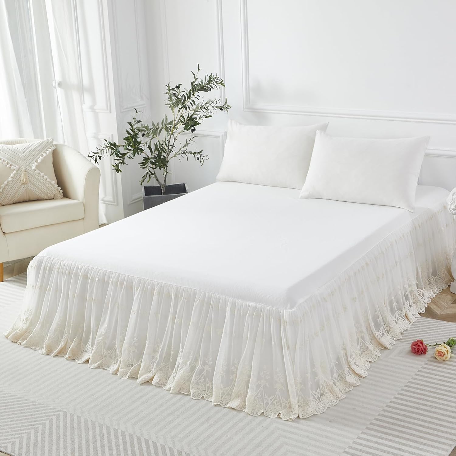 Brandream King Size Luxury White Lace Bed Skirt Romantic Girls Bed Sheets Elegant Teen Skirted Sheet