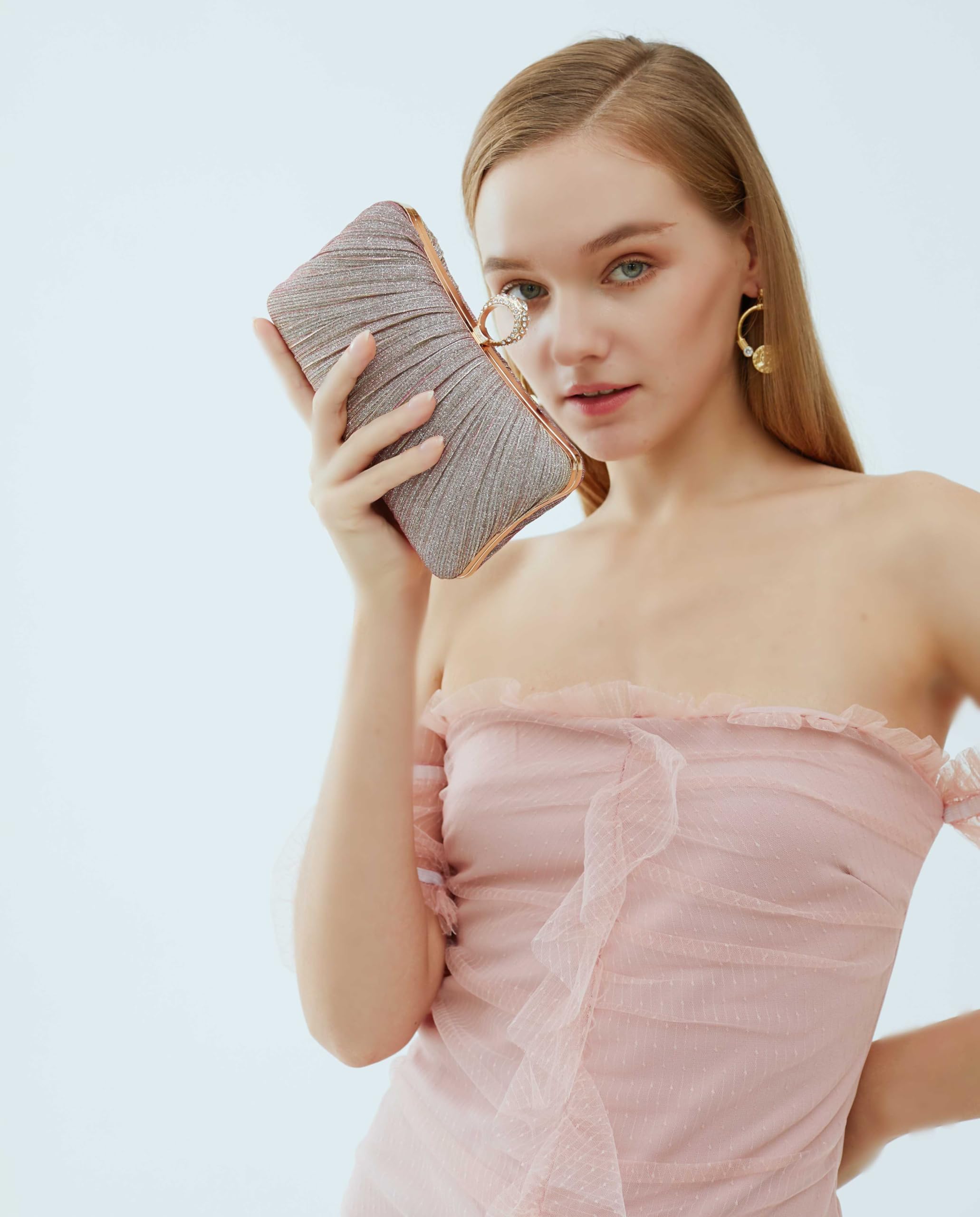 Womens en Glitter Clutch Purse Pleated Evening Bag for Bridal Wedding Party with Rhinestone Ring