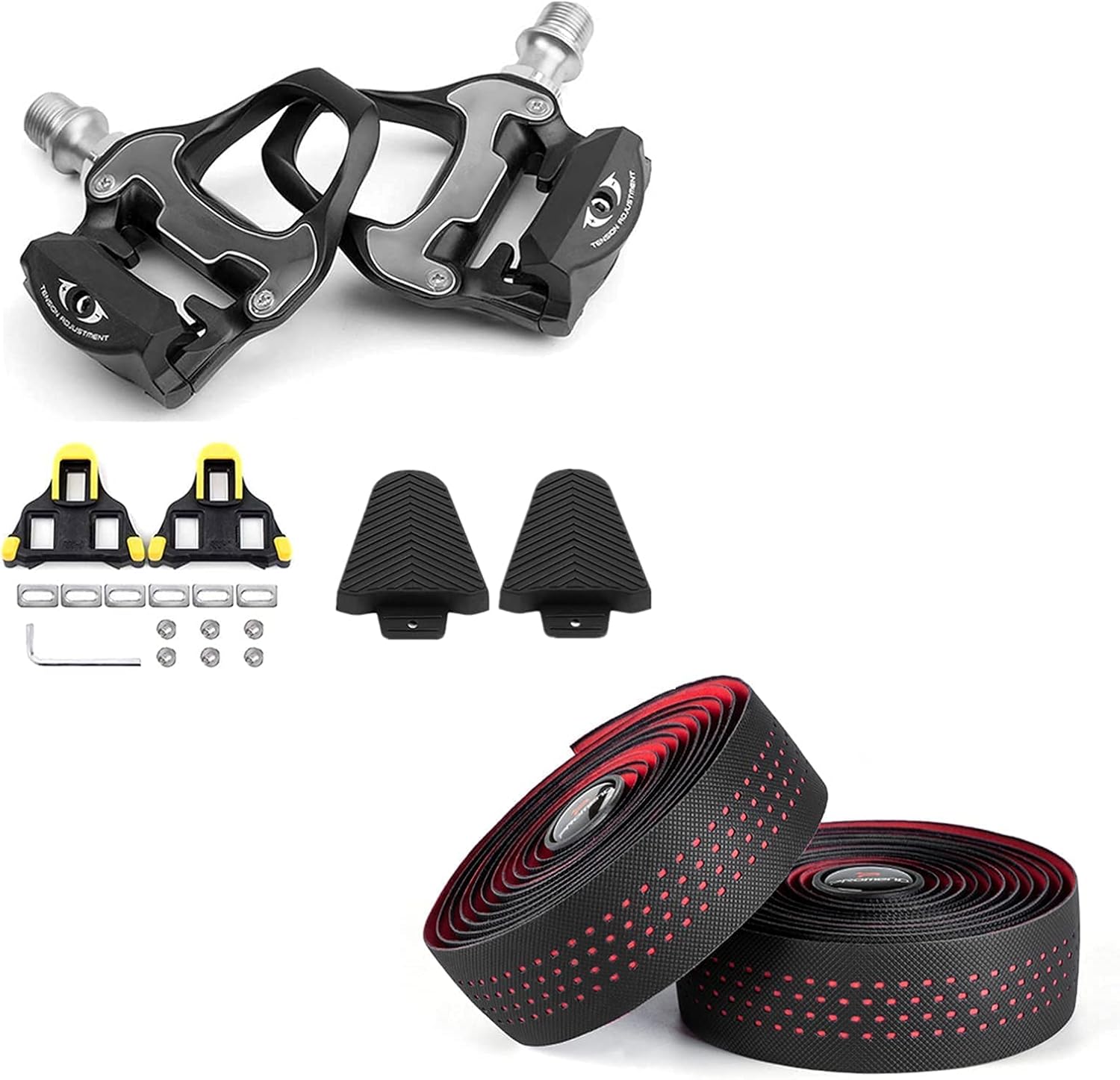 BESTYMXY Bike Pedals Ultralight Road Bike Pedals+Cleat Set+Cleat Cover with Road Bike Handlebar Tapes(Red)
