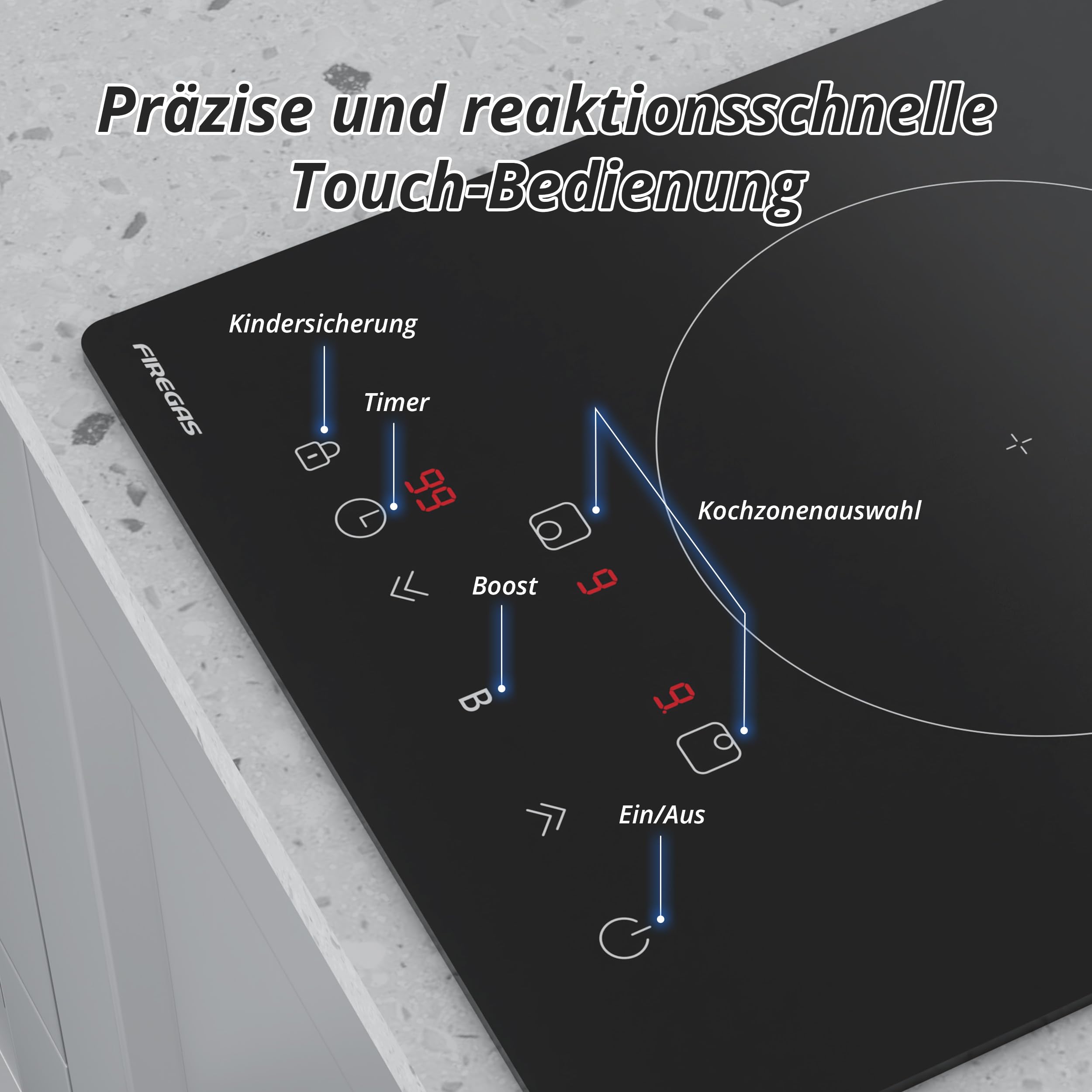 FIREGAS Einbau-Induktionskochfeld,2 Kochzonen,3700 W,9 Leistungsstufen mit Boost-Funktion,Touch-Bedienung,Timer bis 99 Minuten, Kindersicherung - 4