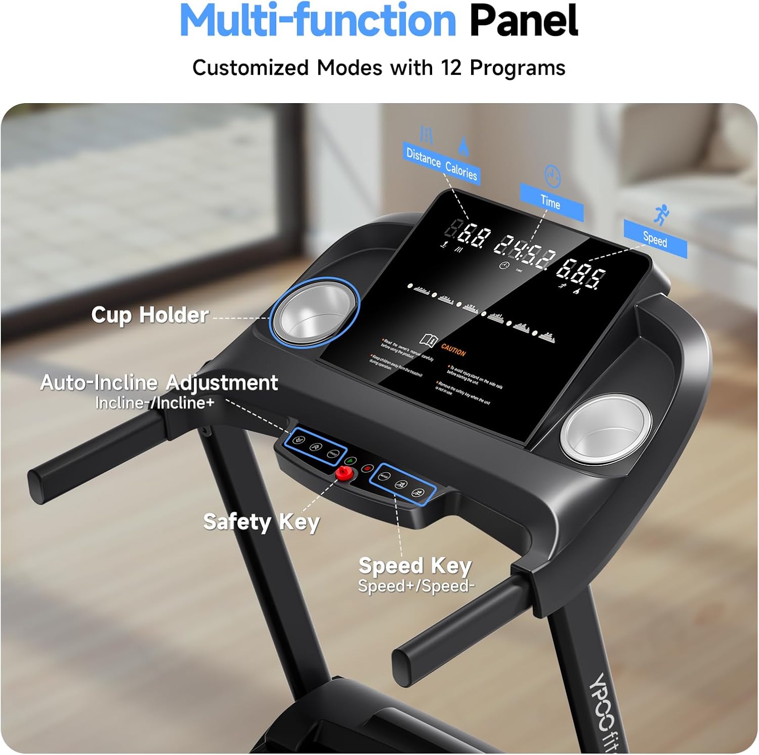 Close-up of the YPOO Treadmill's multi-function control panel, showing the display, cup holders, auto-incline adjustment buttons, safety key slot, and speed control buttons.