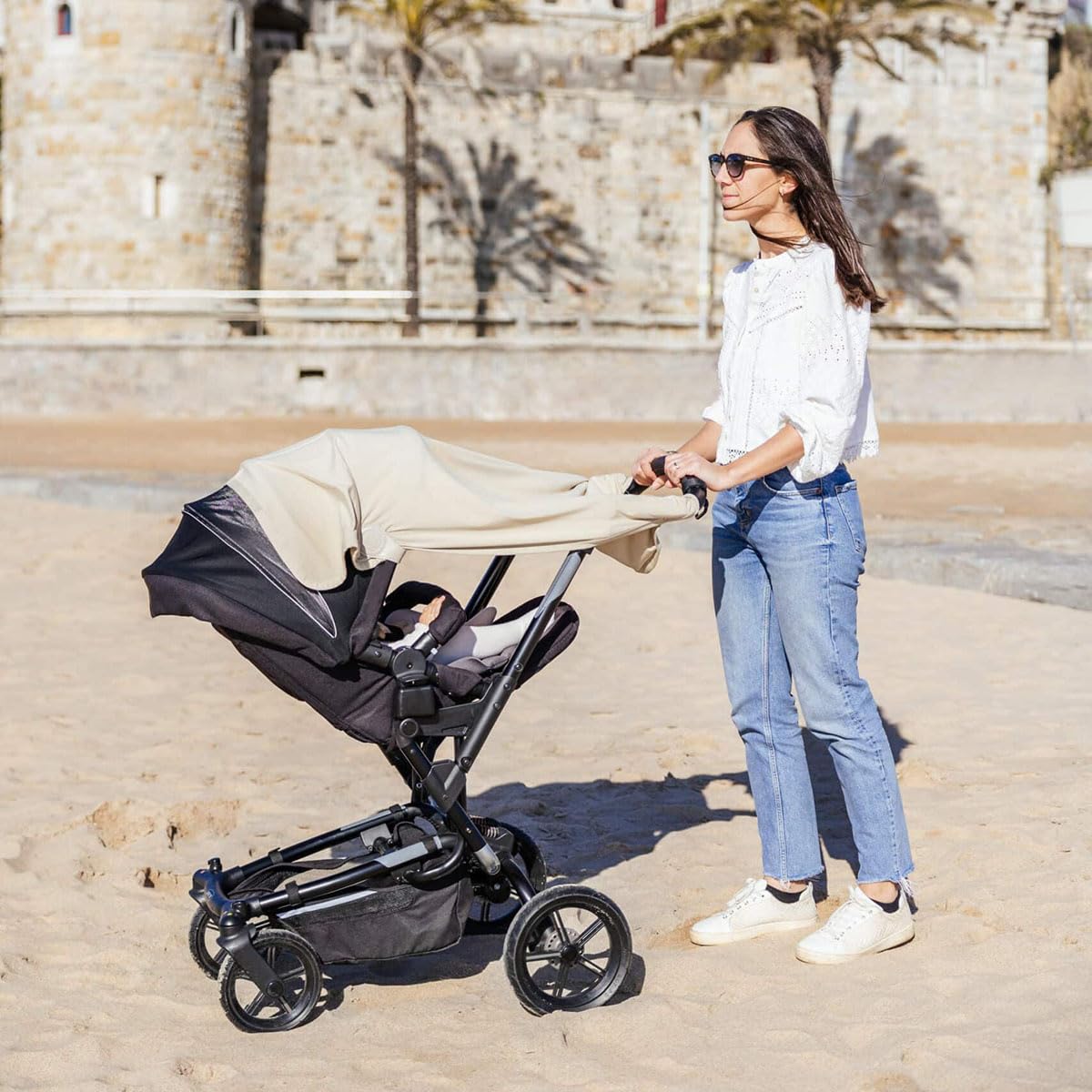 Cloby Babydecke mit UV-Schutz UPF 50+ multifunktional Sonnenschutz Kinderwagen Babyschale Sandy beach beige