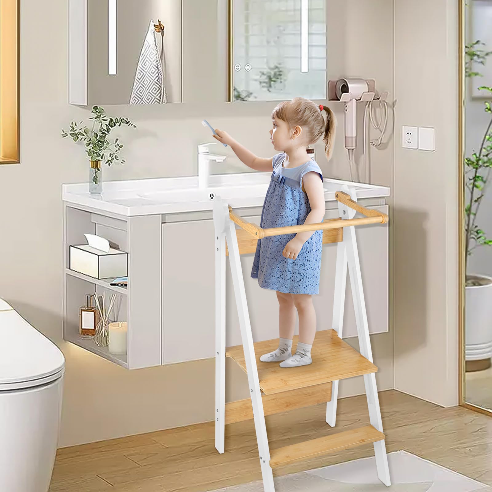 Torre di apprendimento Montessori in legno, 3 altezze regolabili, piedi antiribaltamento, torre di osservazione naturale, metodo Montessori, per bambini a partire da 12 mesi