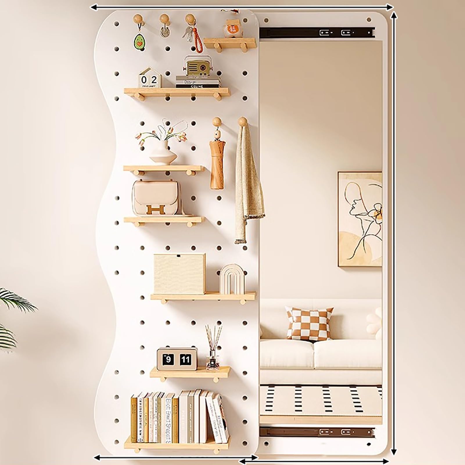 Stecktafel Wand Organizer mit Unsichtbarem Ganzkörperspiegel, Lochplatte Holz, Werkzeugwand, Pegboard, Lochwand, Werkstattwand(White,160x40cm/63x16in)