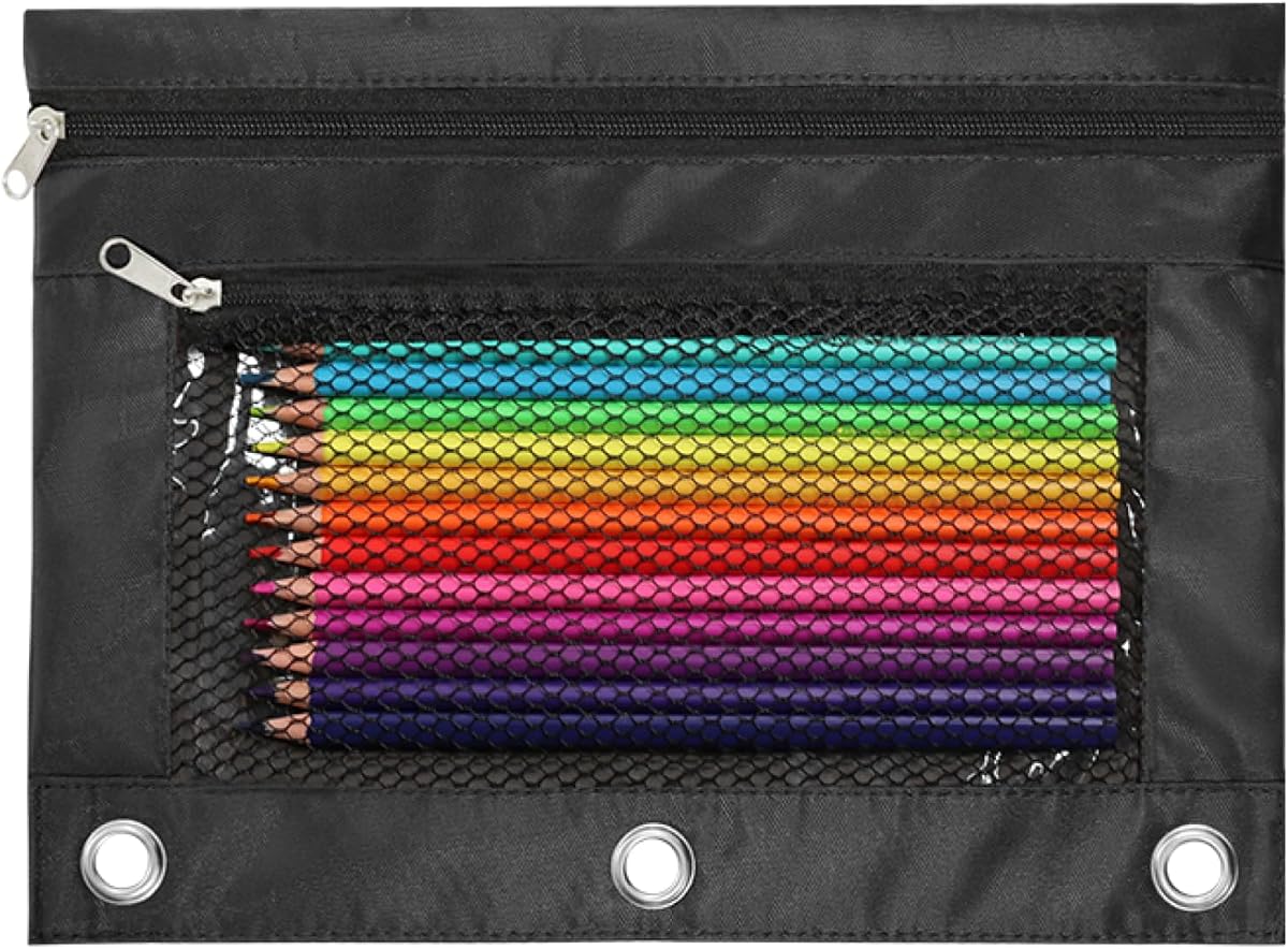 Pencil Pouch for 3 Ring Binder, Heavy Duty Canvas Dual Zipper Pen Bag with Clear Window, Smooth Metal Zipper, Fit Standard 3-Ring Binders for School Office Travel Supplies (Black)