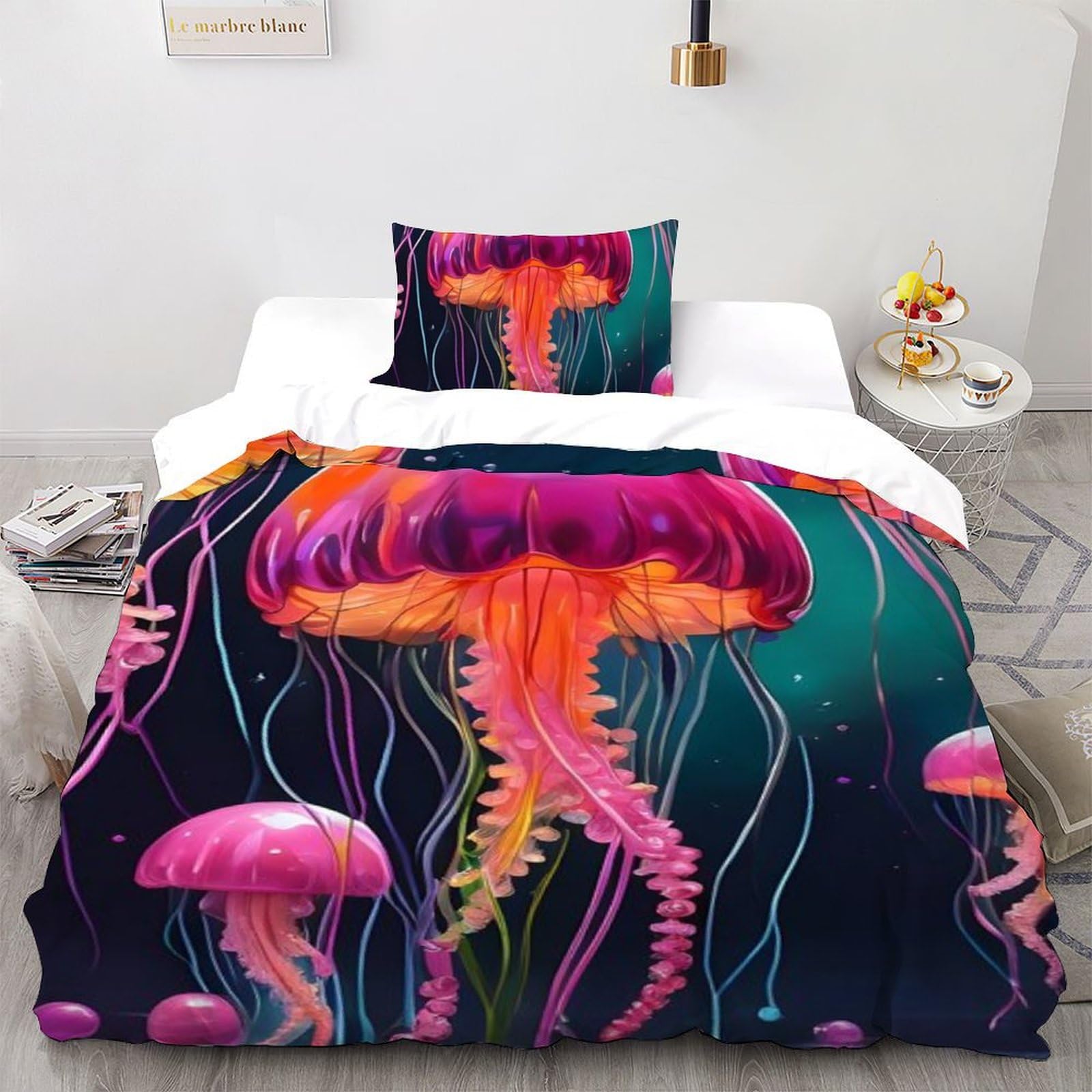 Housse de couette méduse rose lit simple 135x200 avec taie d'oreiller