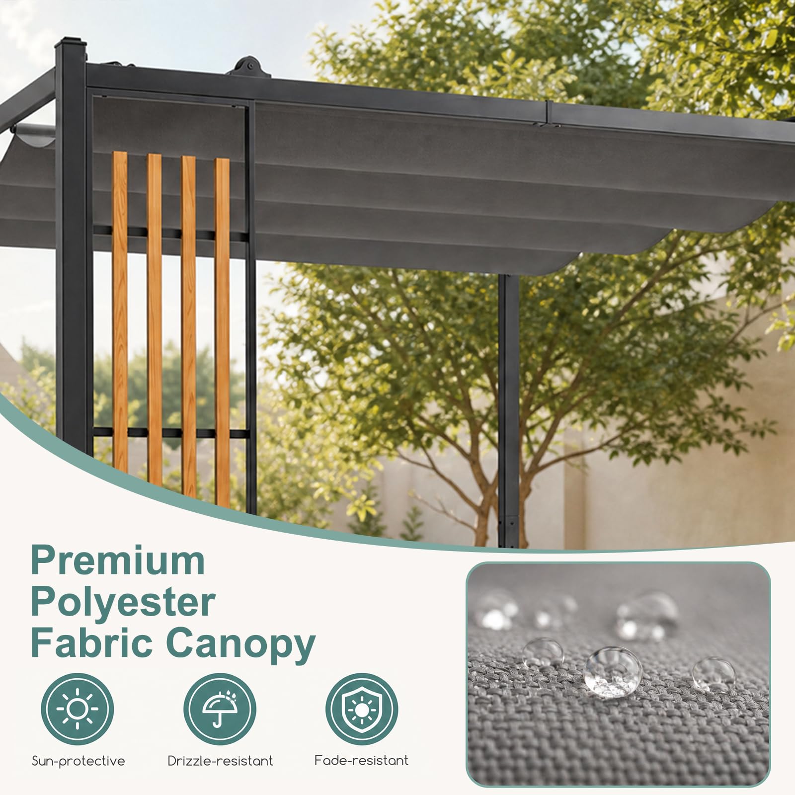 GOPLUS 2,32x2,32 M Pérgola de Jardín con Techo Retráctil y Pantallas | Cenador Cuadrado para Exteriores con Laterales Ajust, Lona de Poliéster, Estructura Metálica, Pabellón para Terraza, Gris