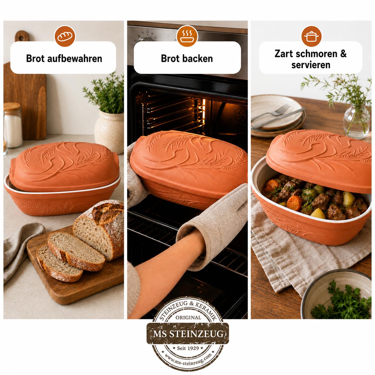 MS Steinzeug Brottopf Terrakotta TerraStone, oval mit Deckel, 38x24x14 cm | Brotbacktopf aus offenporigem Naturton zum Backen und Aufbewahren – speichert Feuchtigkeit für frisches Brot