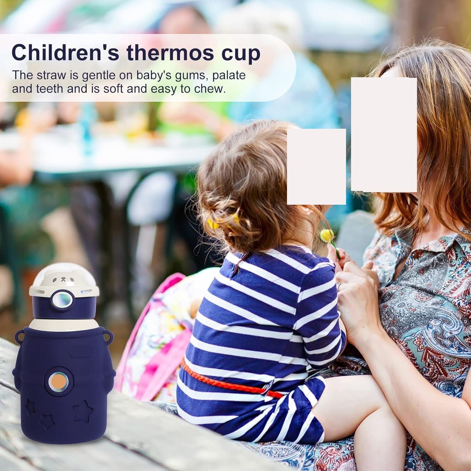 Thermosflasche aus Edelstahl, Kawaii-Isolierbecher mit Aufklebern, 500 ml, Wärmflaschen mit verstellbaren Riemen, Kinder-Wasserflaschen, Reise-Fitness-Trinkausrüstung(Blue)