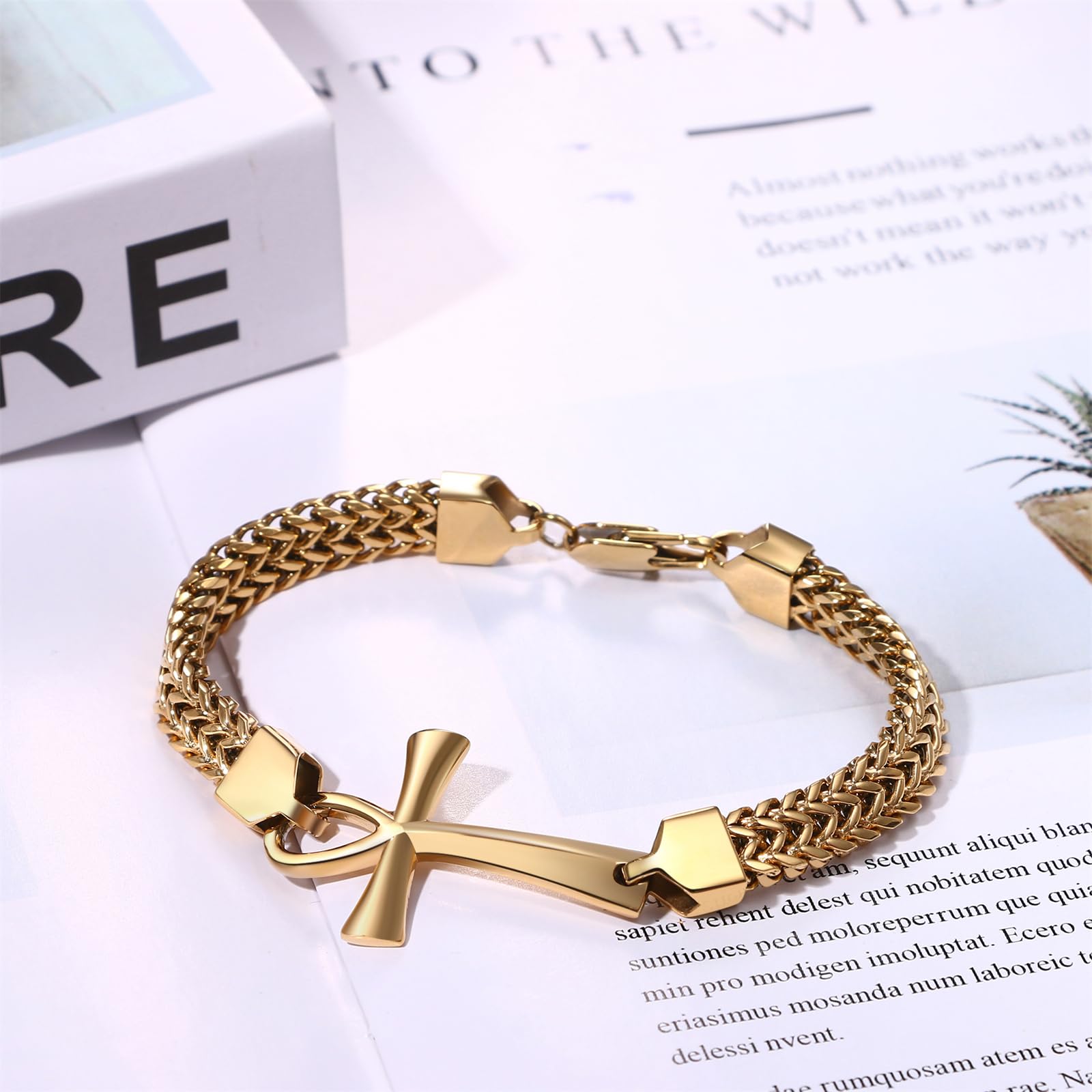 OIDEA Pulsera de cruz egipcia Ankh para hombre: doble fila trenzada de cadena Franco, llave de la vida, pulsera de acero inoxidable para hombre, amuleto de protección, regalo de joyería