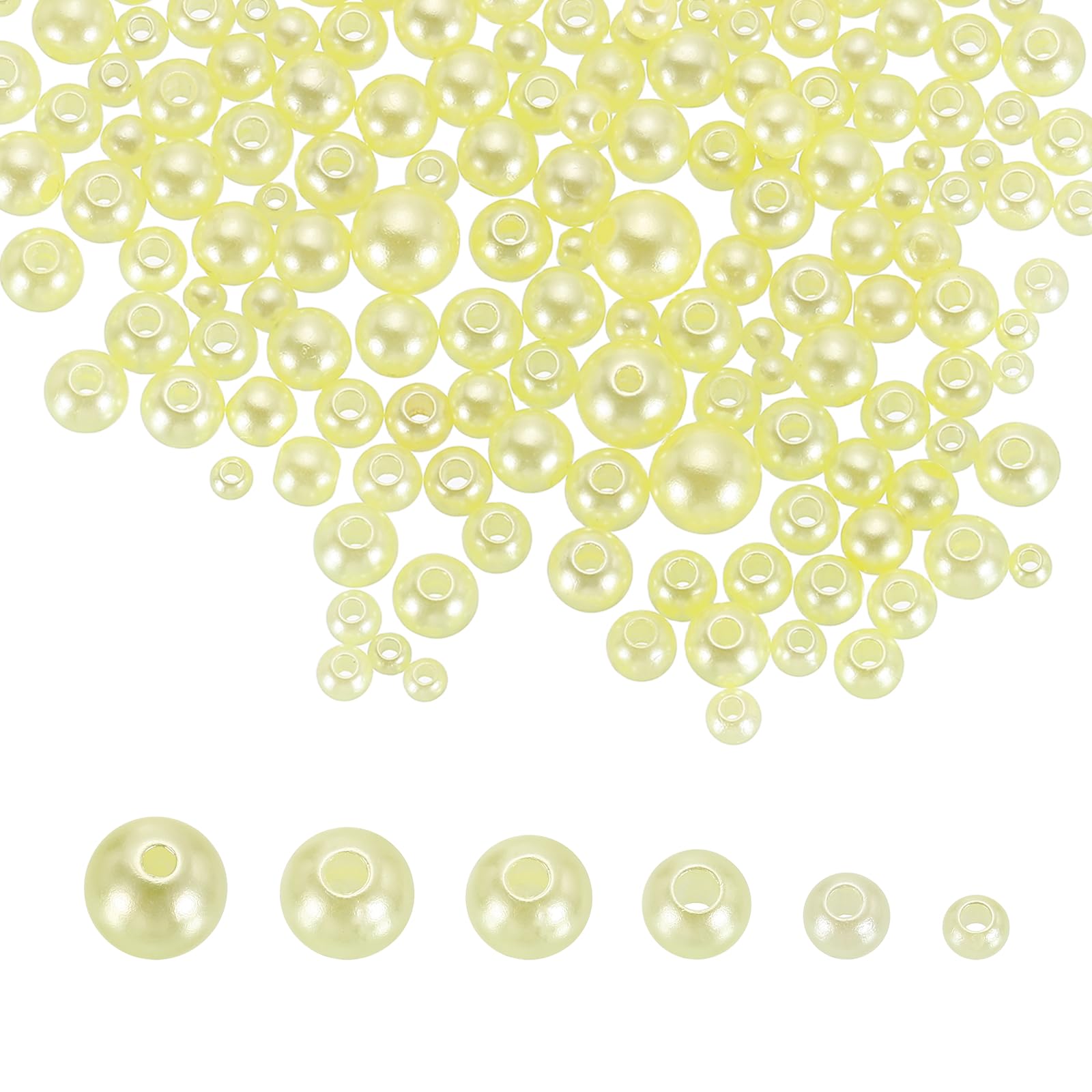 sourcing map 300Pcs Mixed Pearl Beads, 3-8mm Round Loose Crafts Beads with Hole, Plastic Bulk Decoration Spacer for Vase Fillers, Table Scatters, Light Yellow