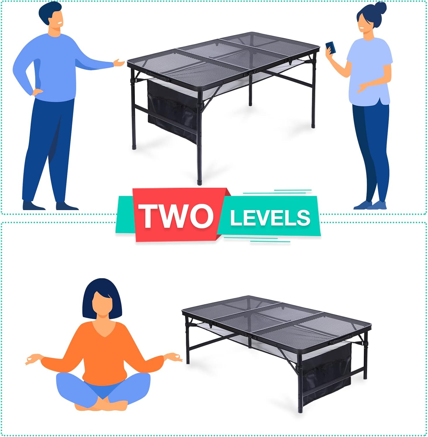Grill Table, Portable Adjustable Height Camping Table with Mesh Bag, Lightweight w/Carry Handle (Large Black)