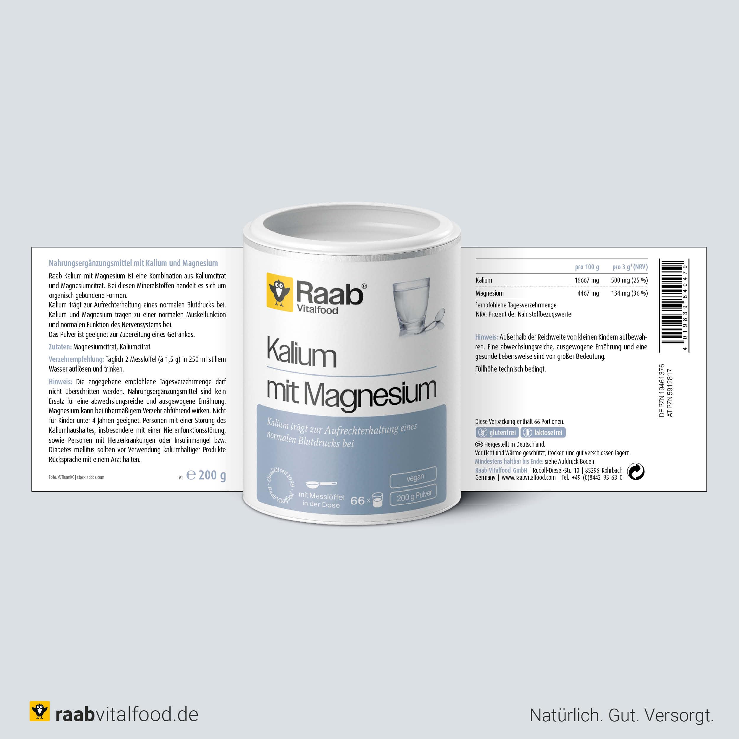 Raab Vitalfood Potasio con polvo de magnesio (200 g) - para nervios, función muscular y potasio para la presión arterial, composición ideal, sin aditivos