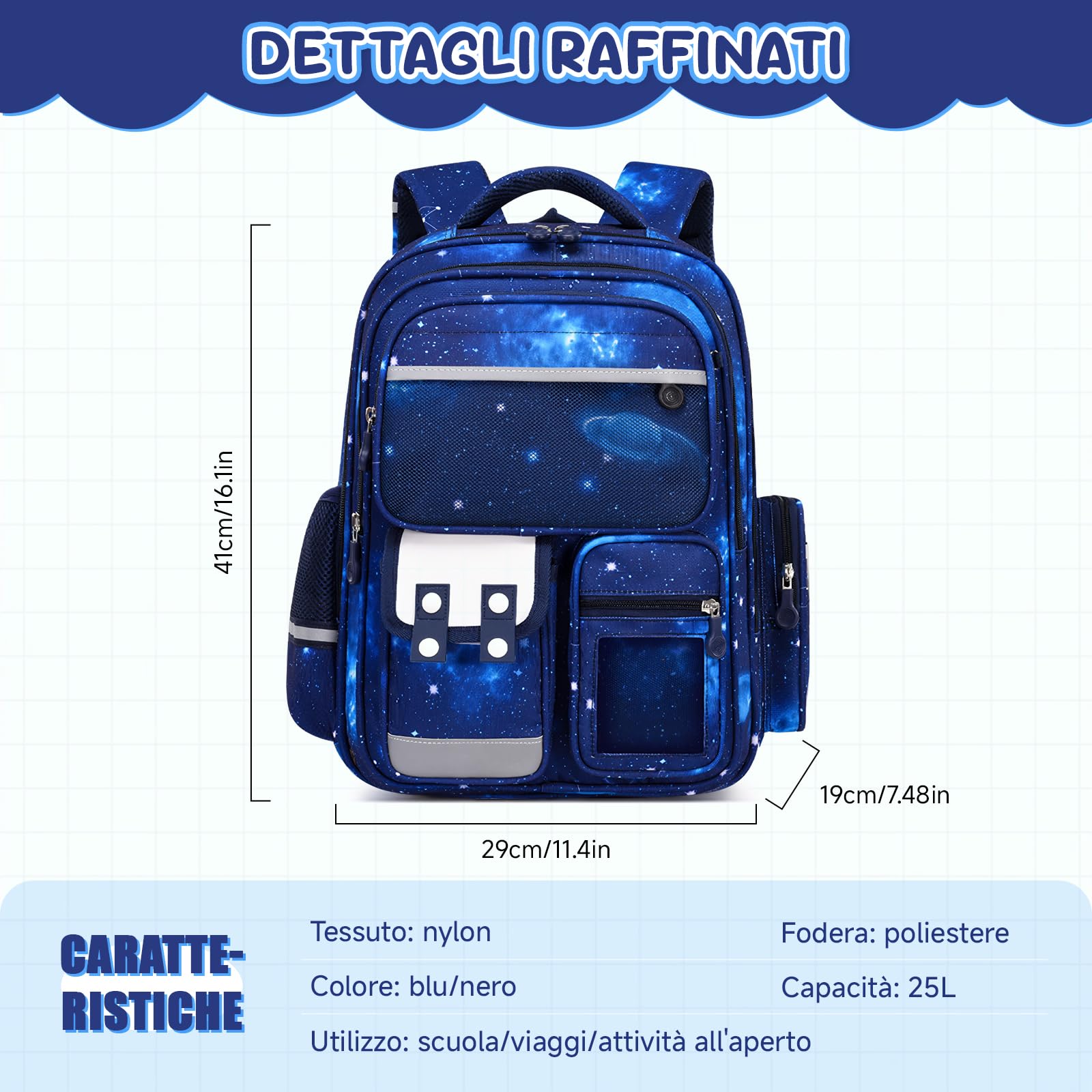 Amythe Zaino Scuola Ergonomico Elementare Bambino, Zaini Bambino di 6-12 anni con Riflettente, Zainetto Ragazzo per la Scuola Impermeabile 25L, Blu Starlight