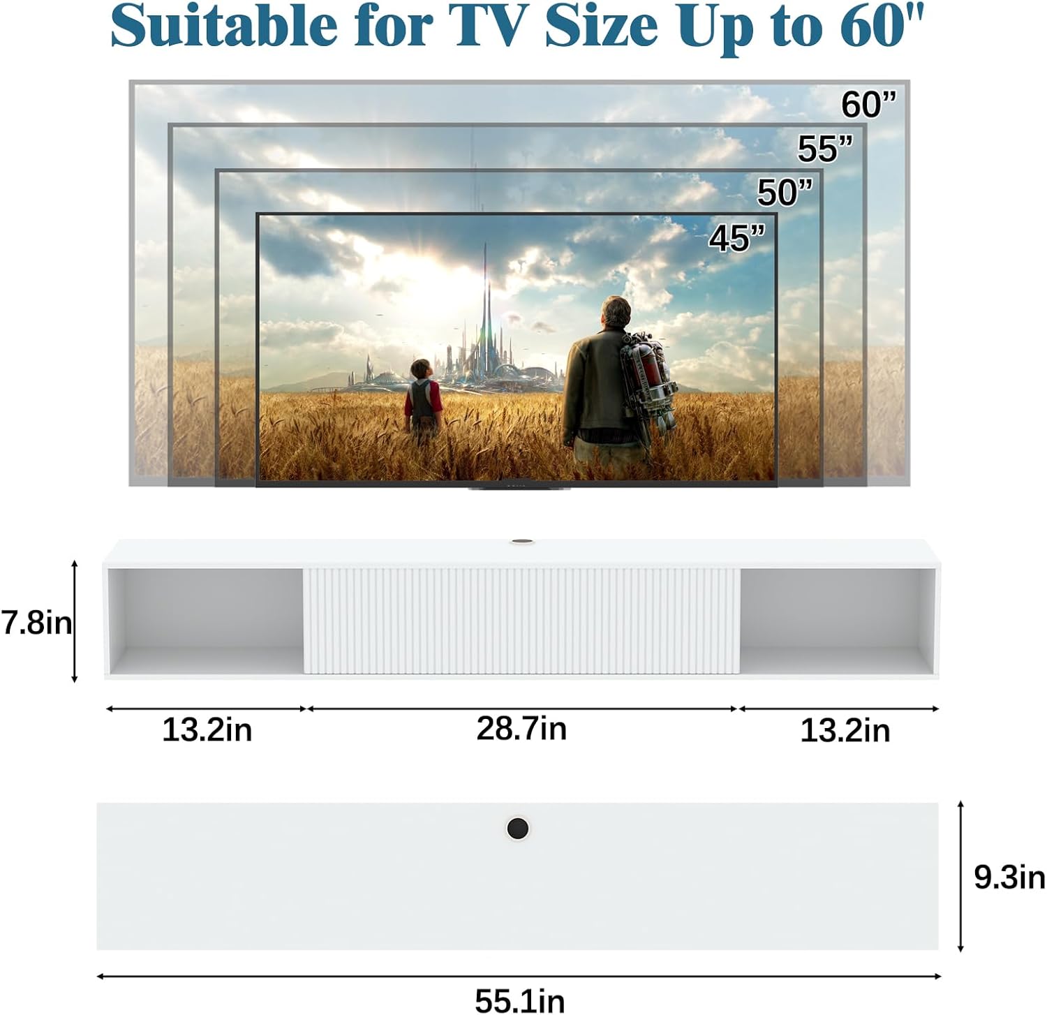 55" Floating TV Stand with LED Light, Floating TV Stand Wall Mounted, Floating Entertainment Center with Storage Long for Bedroom, Wood Floating TV Shelf for Living Room (White)