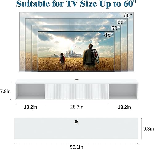 Miniatura 2 de Soporte de TV flotante de 55 pulgadas de ancho con luces LED, centro de entretenimiento montado en la pared con soporte de TV largo de