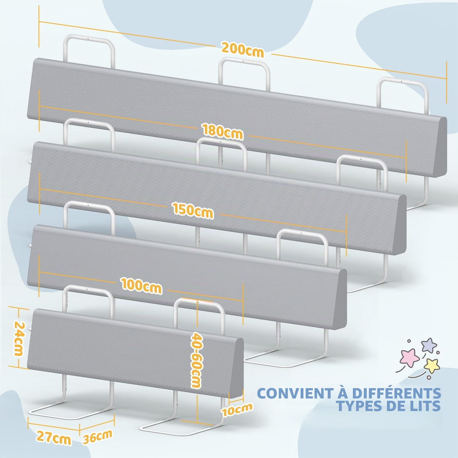 Barrière de sécurité pour Enfant – Barrière de lit Enfant avec Protection de Bord, sécurité pour lit bébé et lit Enfant, Hauteur réglable 40-60 cm, Amovible, Portable, Gris, 180cm