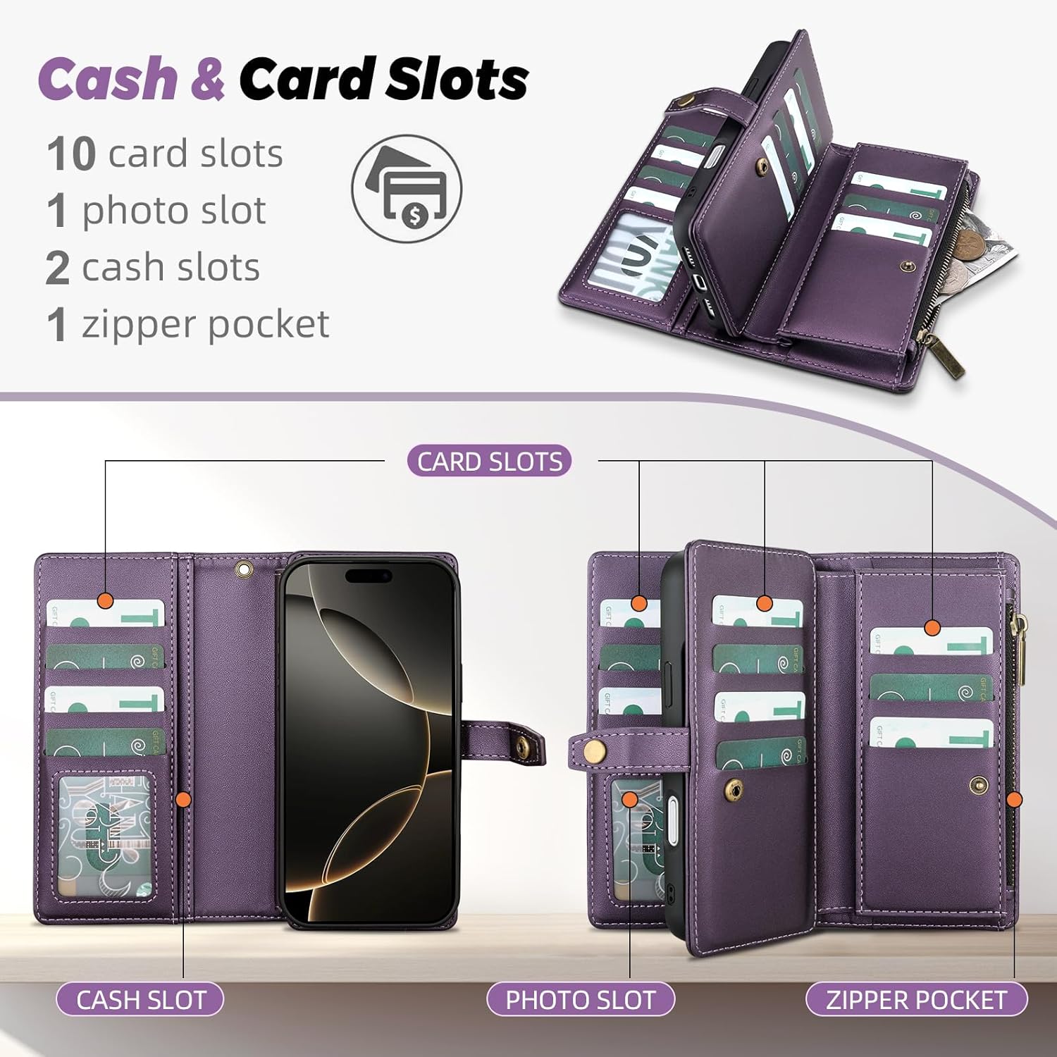 TwoHead Wallet Case Compatible with iPhone 16 pro max,Detachable Magnetic Phone Case,PU Leather All-Round Protective Cover Wallet with Card Holder/Change Pocket,6.9 in,Deep Purple