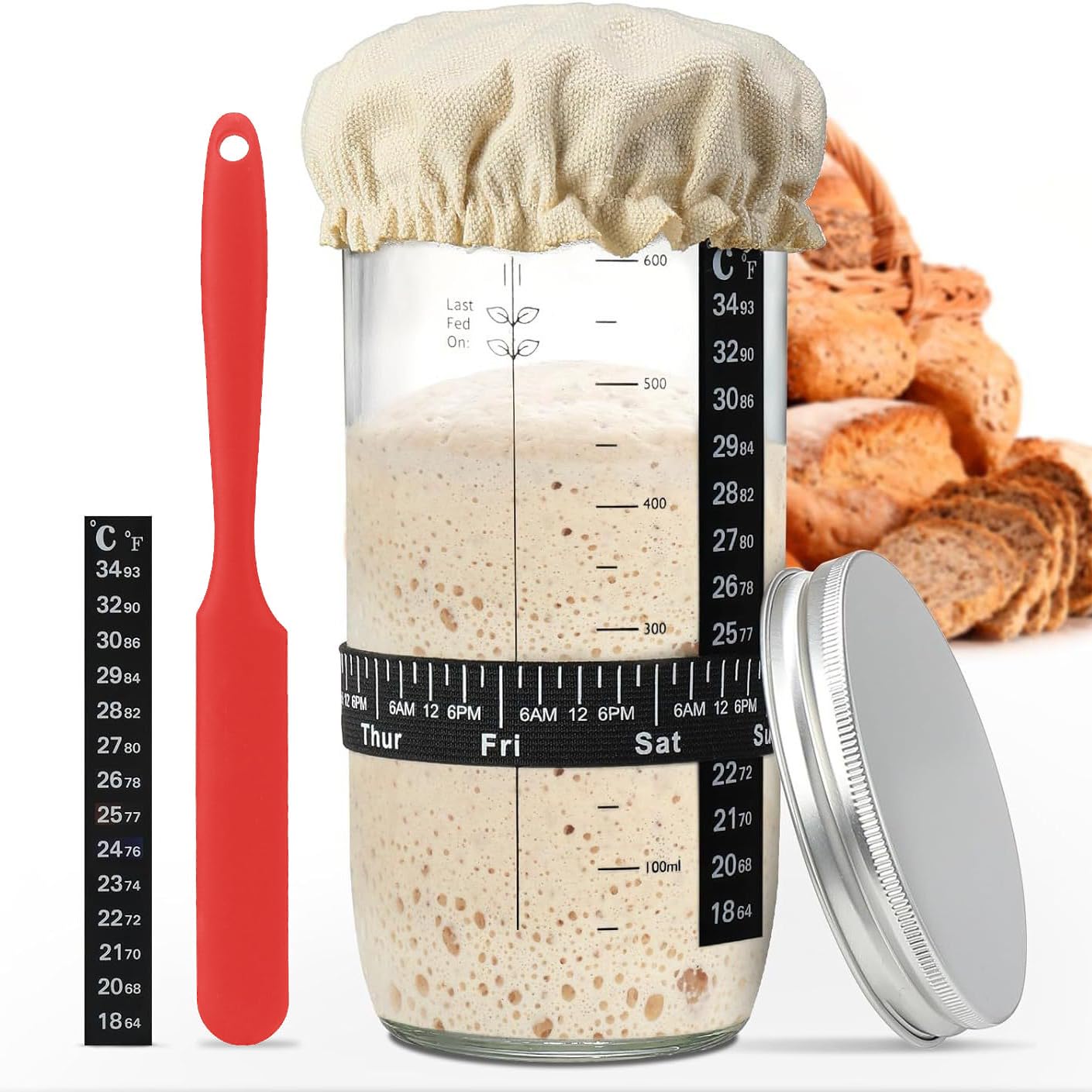 Yitobici Sauerteig Starter Set, 730ML Sauerteig-Starterglas, Fermentierglas, Sauerteig Glas, mit Spatel u. Thermometer, Cloth Cover & Metall-Deckel, Hausbacken Zubehör