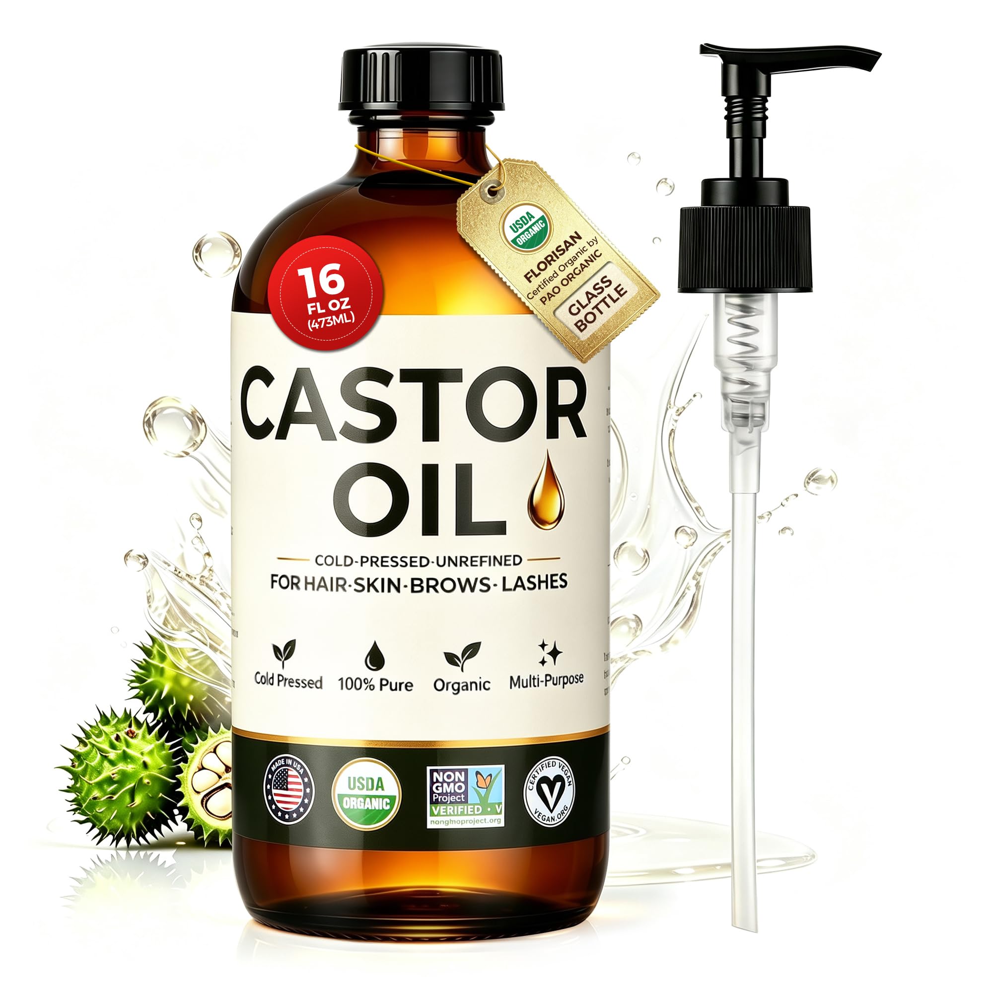 USDA Organic Castor Oil 16oz, Cold Pressed, Hexane Free, 100% Pure Organic Castor Oil for Hair, Eyelashes, Eyebrows & Skin